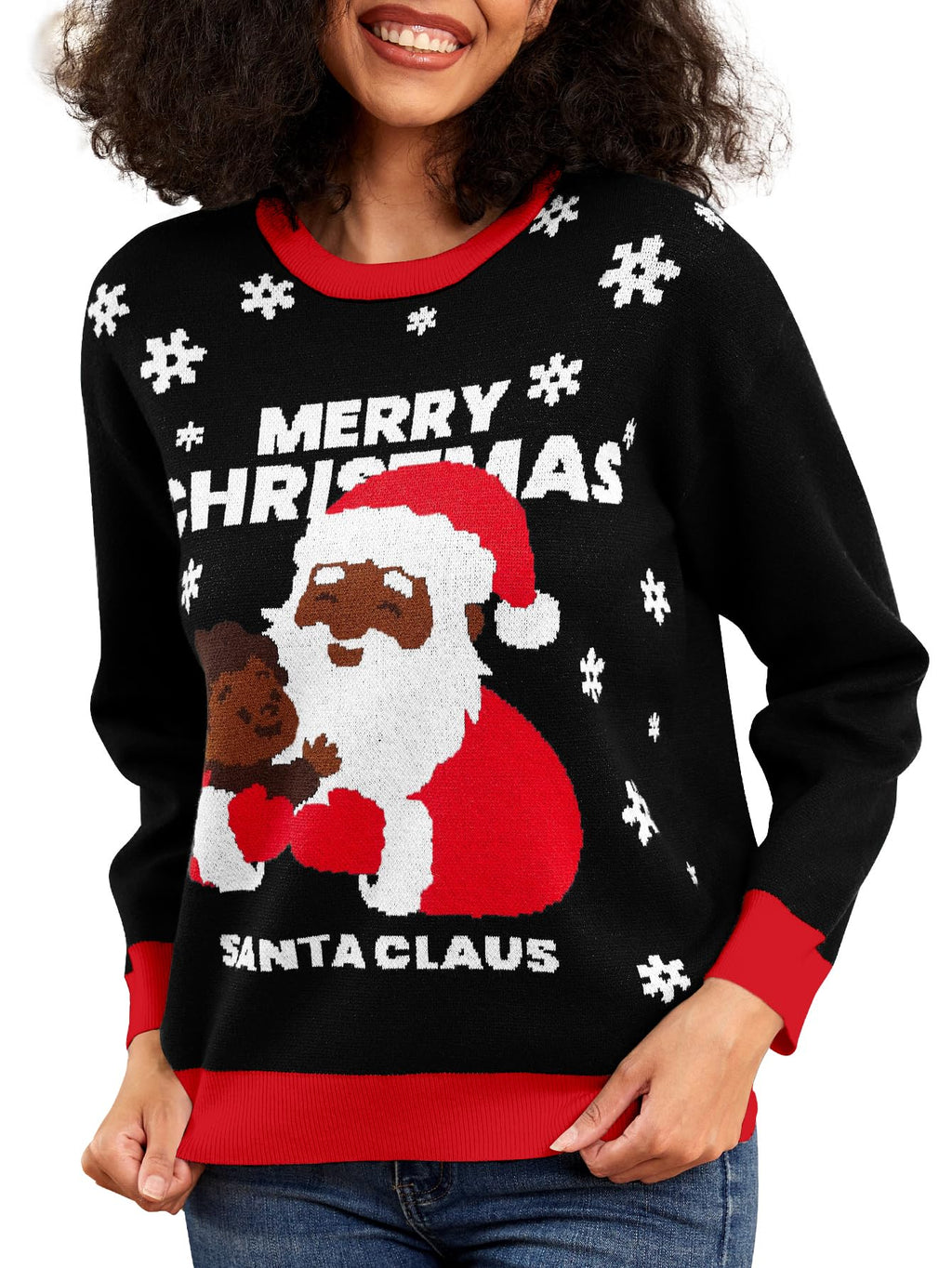 Yimoon Black Santa Christmas Sweater for Women African American Festive Holiday Kwanzaa Ugly Xmas Sweater for Adult
