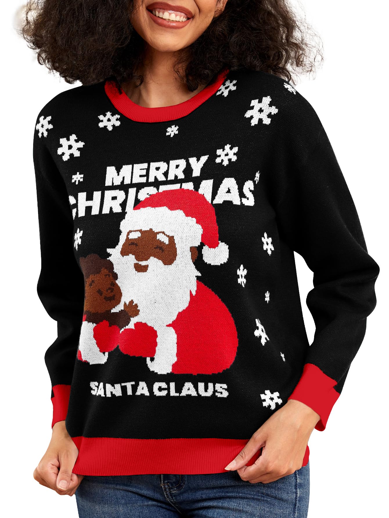 Yimoon Black Santa Christmas Sweater for Women African American Festive Holiday Kwanzaa Ugly Xmas Sweater for Adult