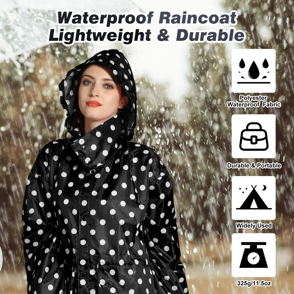 LAMA Womens Long Raincoats Rain Jacket Waterproof Packable Hooded Windbreaker Lightweight Adjustable Waist for Outdoor