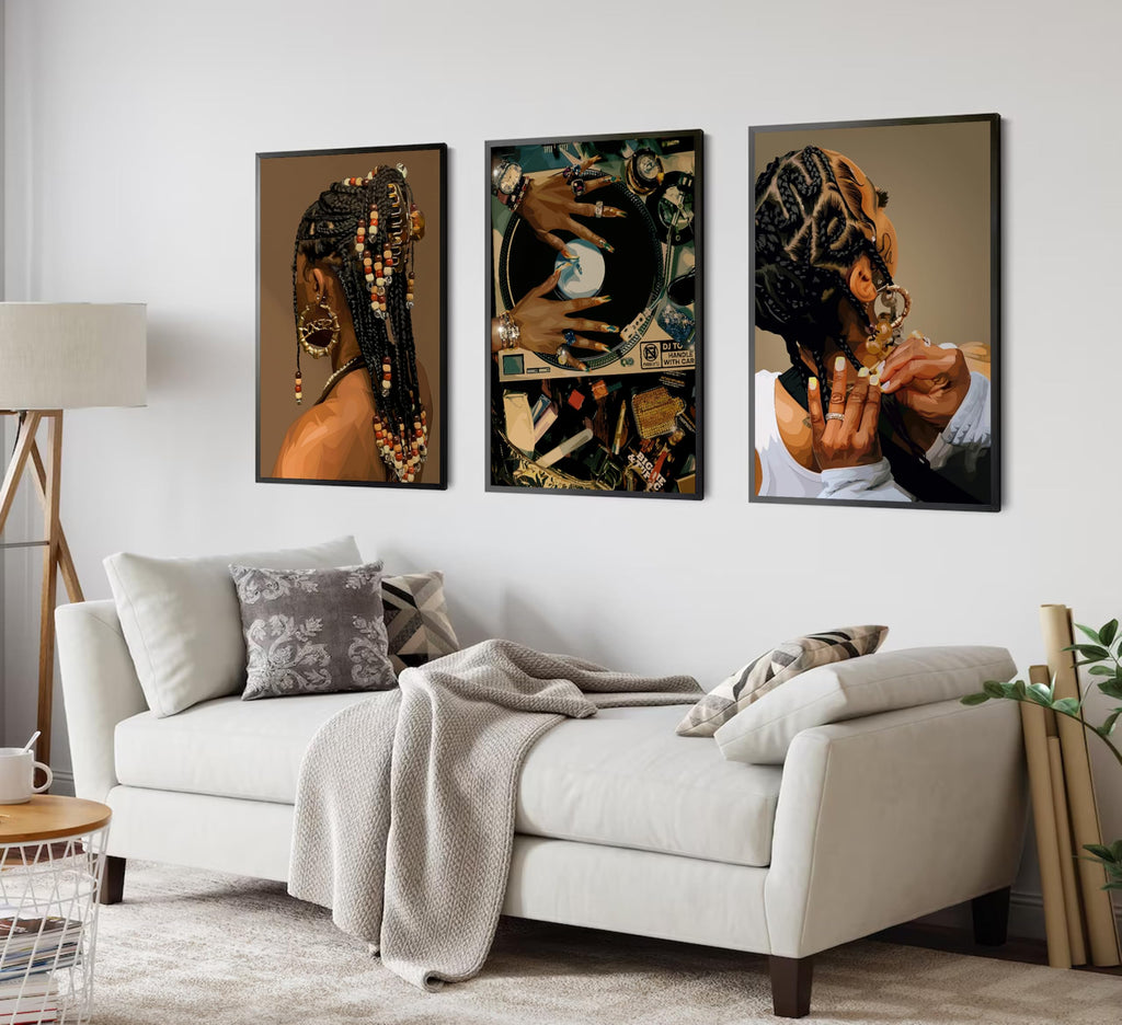 3Pcs Black Woman Canvas Wall art Boho Fashion Black Girl Painting Picture Wall Decor Abstract African American Poster Print Artwork for Living Room Bedroom Office Home Decoration,16x24in Canvas