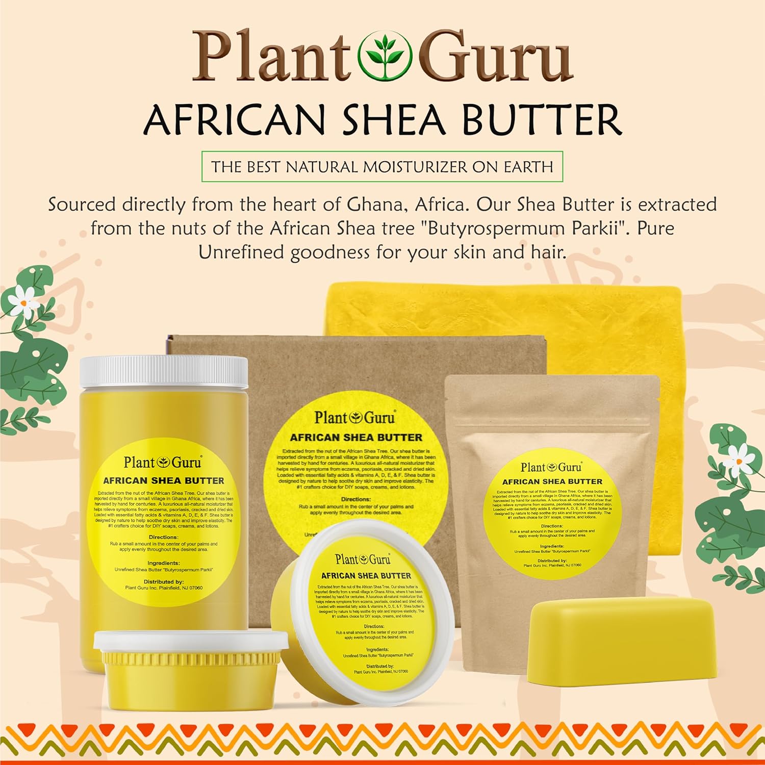 Plant Guru Raw African Shea Butter 8 oz. 100% Pure Natural Unrefined YELLOW - Ideal Moisturizer For Dry Skin, Body, Face And Hair Growth. Great For DIY Soap and Lip Balm Making.