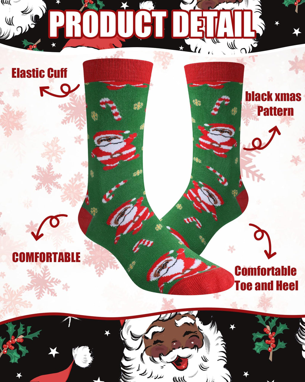 8 Pairs Novelty Black Santa Christmas Socks Funny African American Santa Crew Socks for Christmas Stocking Stuffers