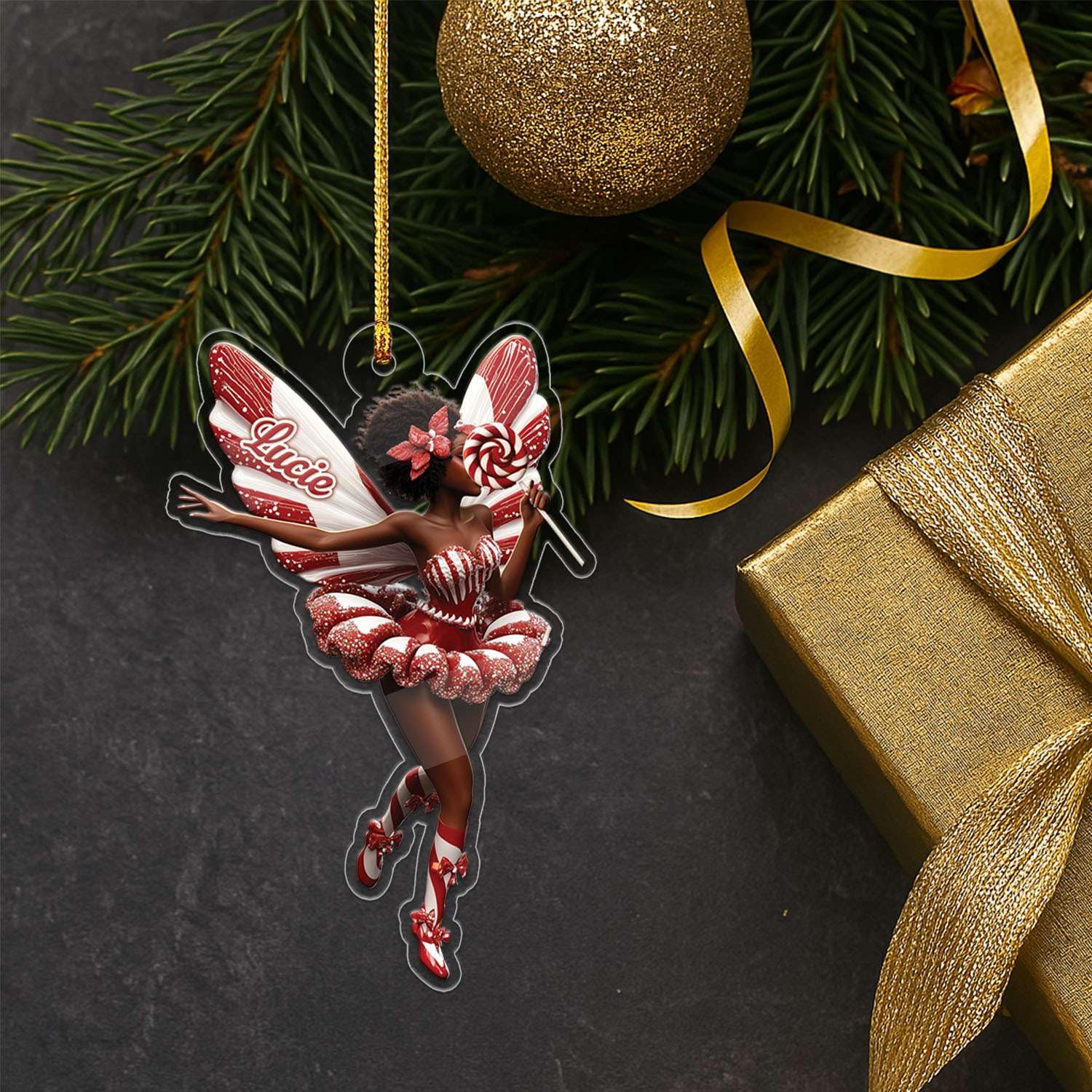 2D Acrylic Christmas Elf Shaped Ornament with Gift Box, Personalized Name Holiday Keepsake, Cute Ornament for Kids Room, Custom Name African-Inspired Decoration, Gifts for Boys