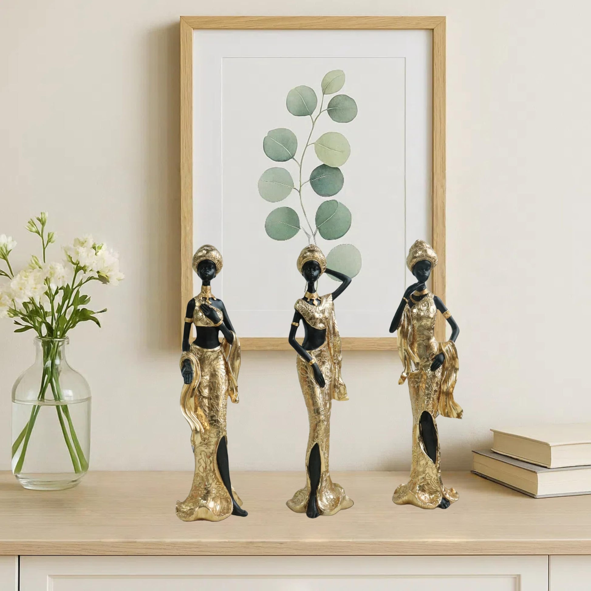 Set of 3 Resin African Woman Statues – Elegant Tribal Figurines in Gold Dresses, Afrocentric Home Decor Sculptures for Living Room, Bookshelf, Gift