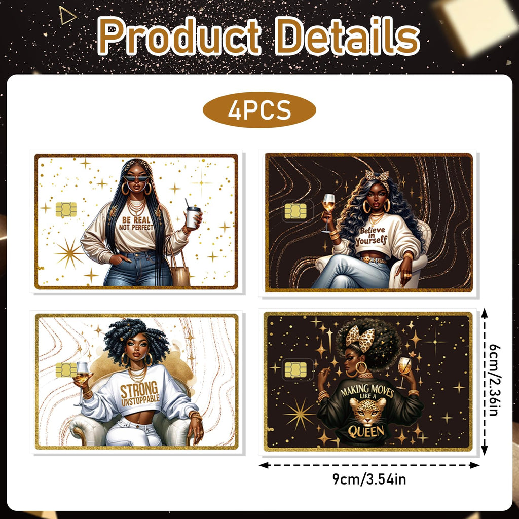 Credit Card Skin Stickers - 4 Pcs Black Women Debit Card Skin Stickers Cover Set, Affirmative Inspirational Black Girl Waterproof Removable Decals for DIY Transportation Cards