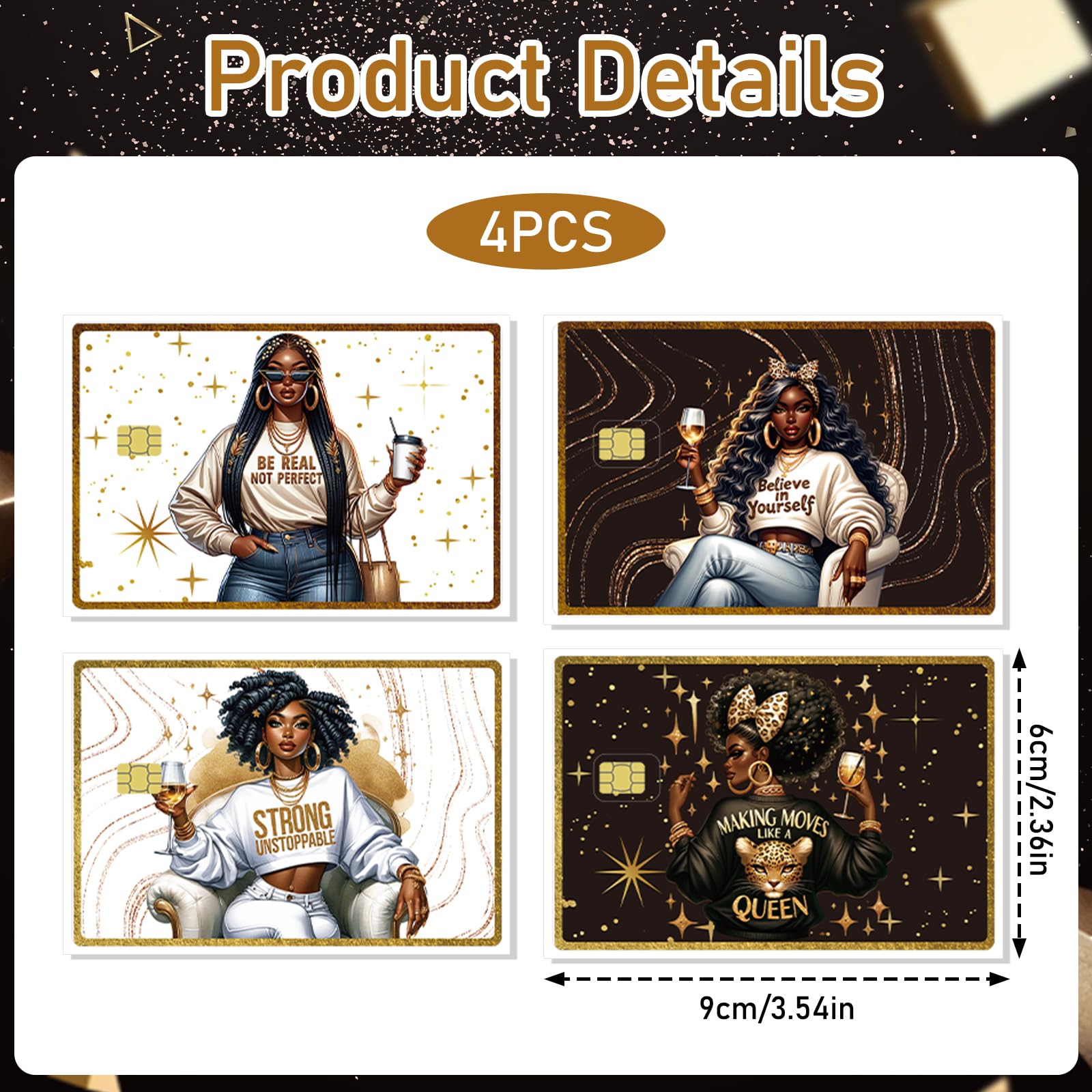 Credit Card Skin Stickers - 4 Pcs Black Women Debit Card Skin Stickers Cover Set, Affirmative Inspirational Black Girl Waterproof Removable Decals for DIY Transportation Cards