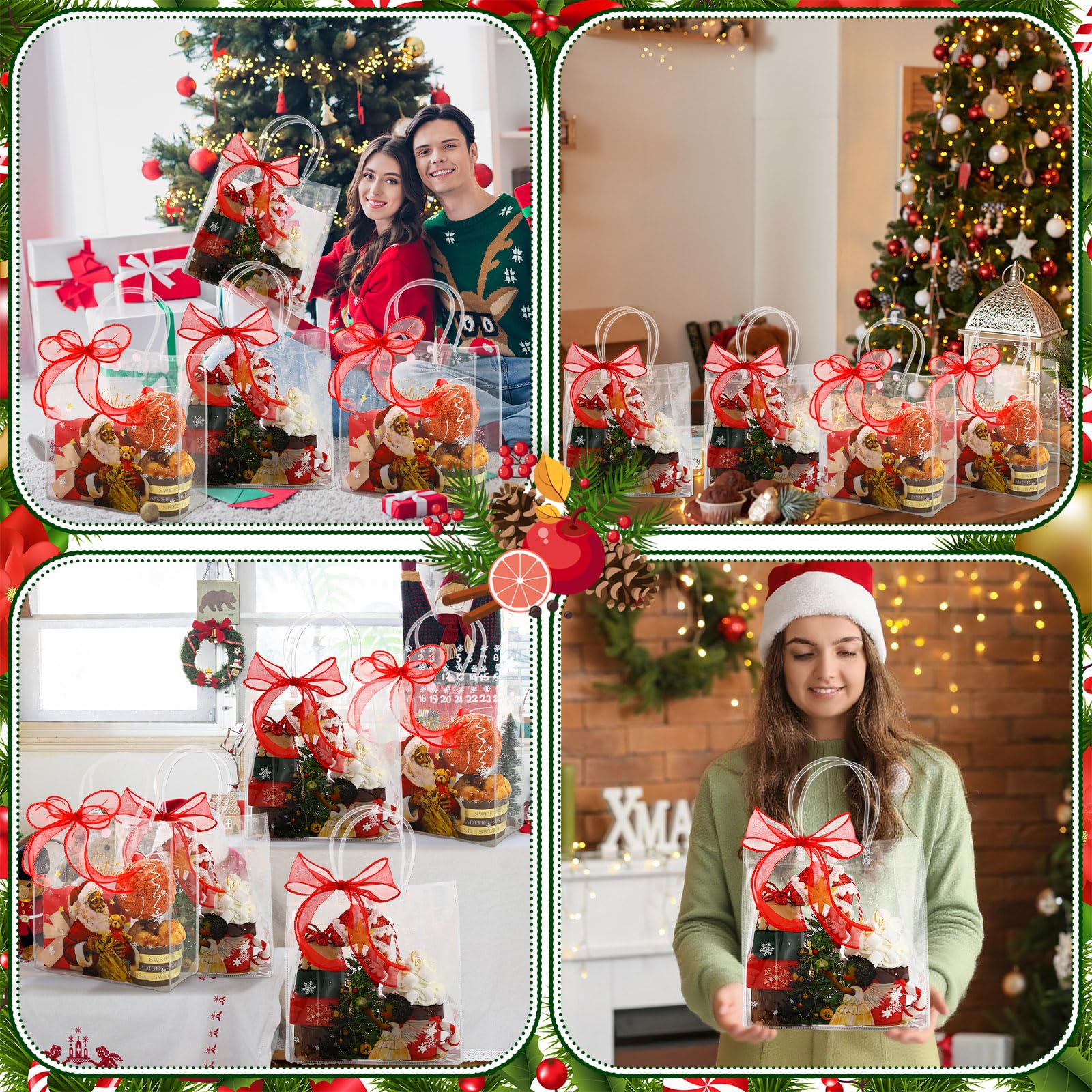 Motipuns 24 Pcs Christmas Clear PVC Gift Bags with Handles and Ribbon African American Black Santa Claus Party Favor Reusable Plastic Candy Treat Tote Bags for Merry New year Xmas Birthday Supplies