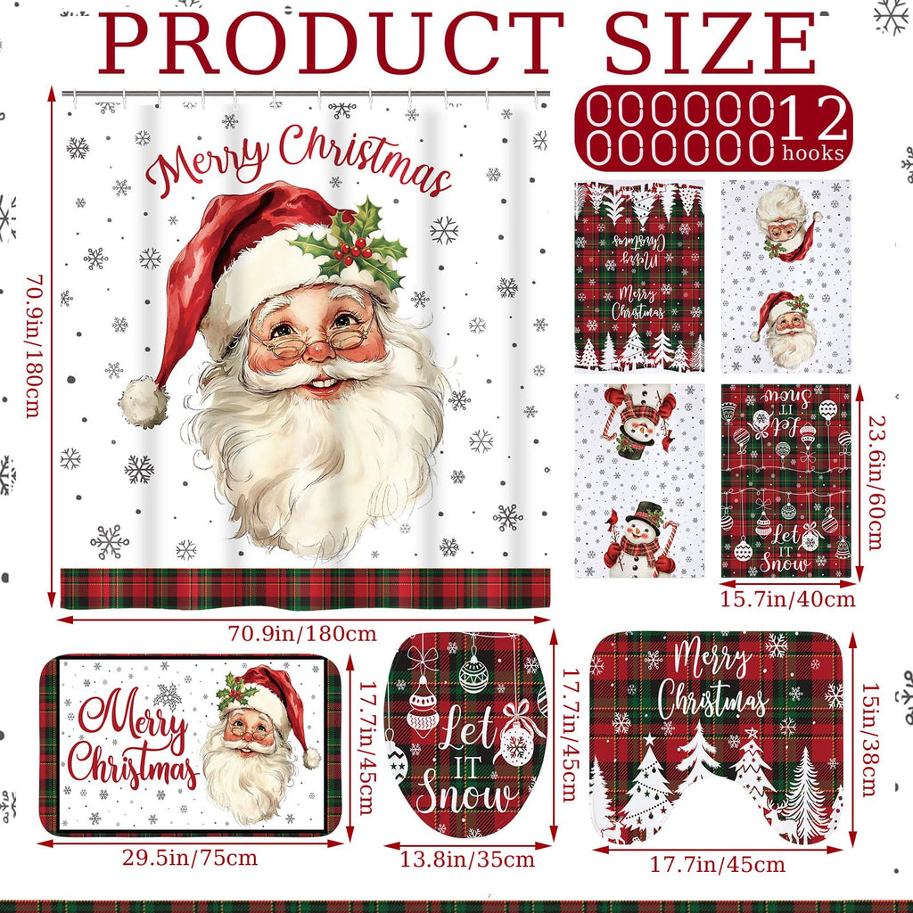 Honoson 8 Pcs Christmas Black Santa Claus Shower Curtain Set with Rugs and Kitchen Towels African American Retro Christmas Bathroom Decor Black Santa Curtain Decorations Xmas Farmhouse Gifts