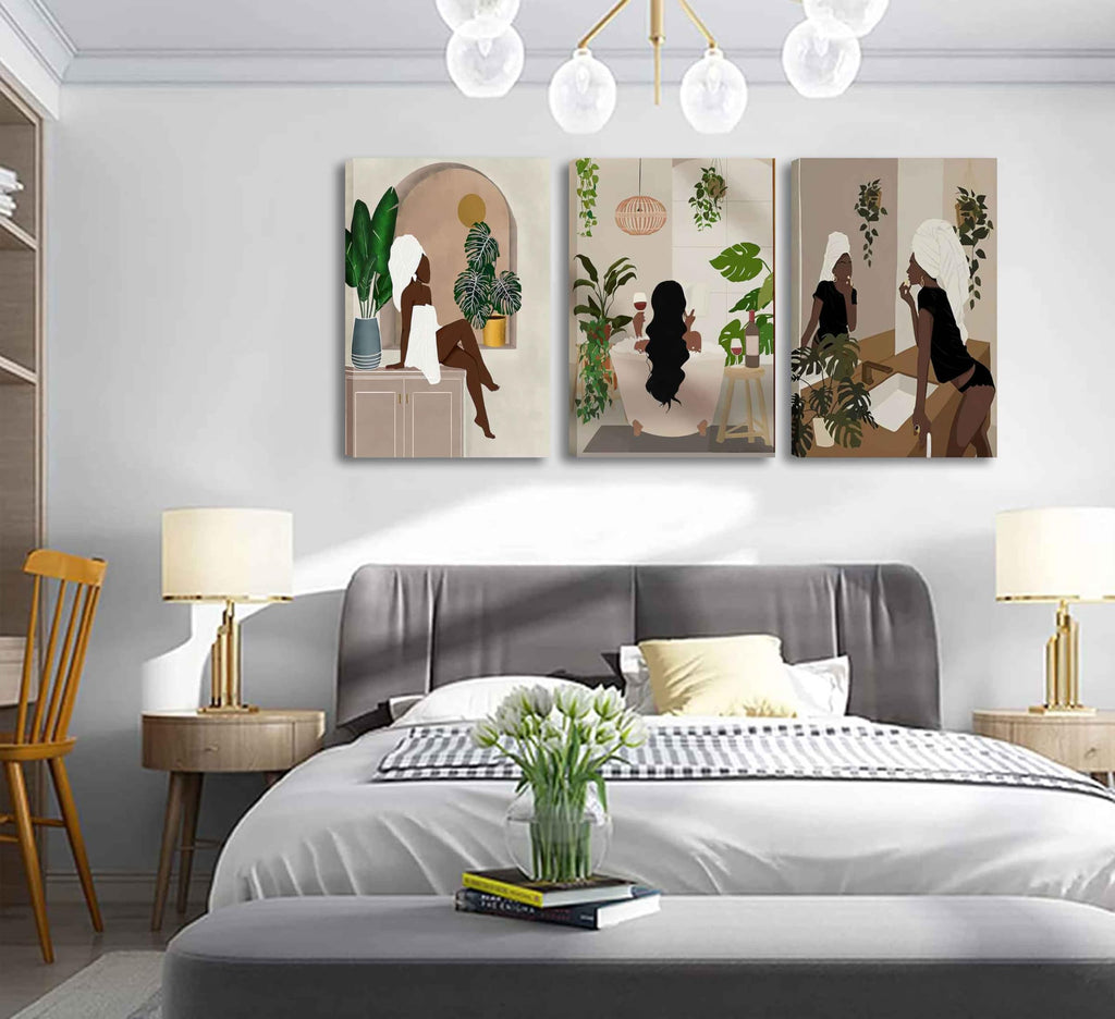 WSTUKVV 3Pcs Black Girl Bathroom Wall Art Boho Black Woman Posters Pictures African American Canvas Prints Fashion Abstract Paintings For Bathroom Home Bedroom Living Room Wall Decor Frame