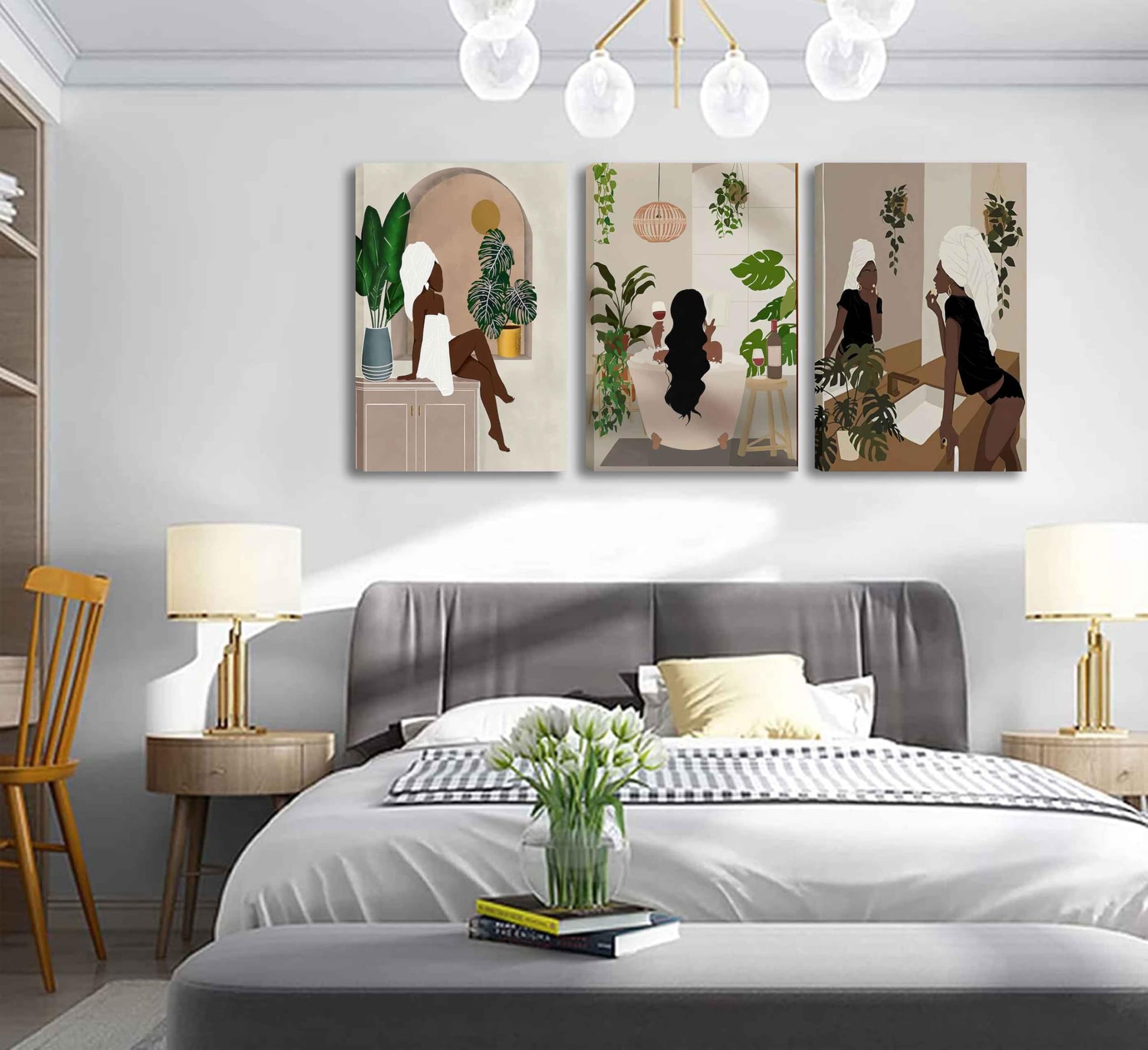 WSTUKVV 3Pcs Black Girl Bathroom Wall Art Boho Black Woman Posters Pictures African American Canvas Prints Fashion Abstract Paintings For Bathroom Home Bedroom Living Room Wall Decor Frame