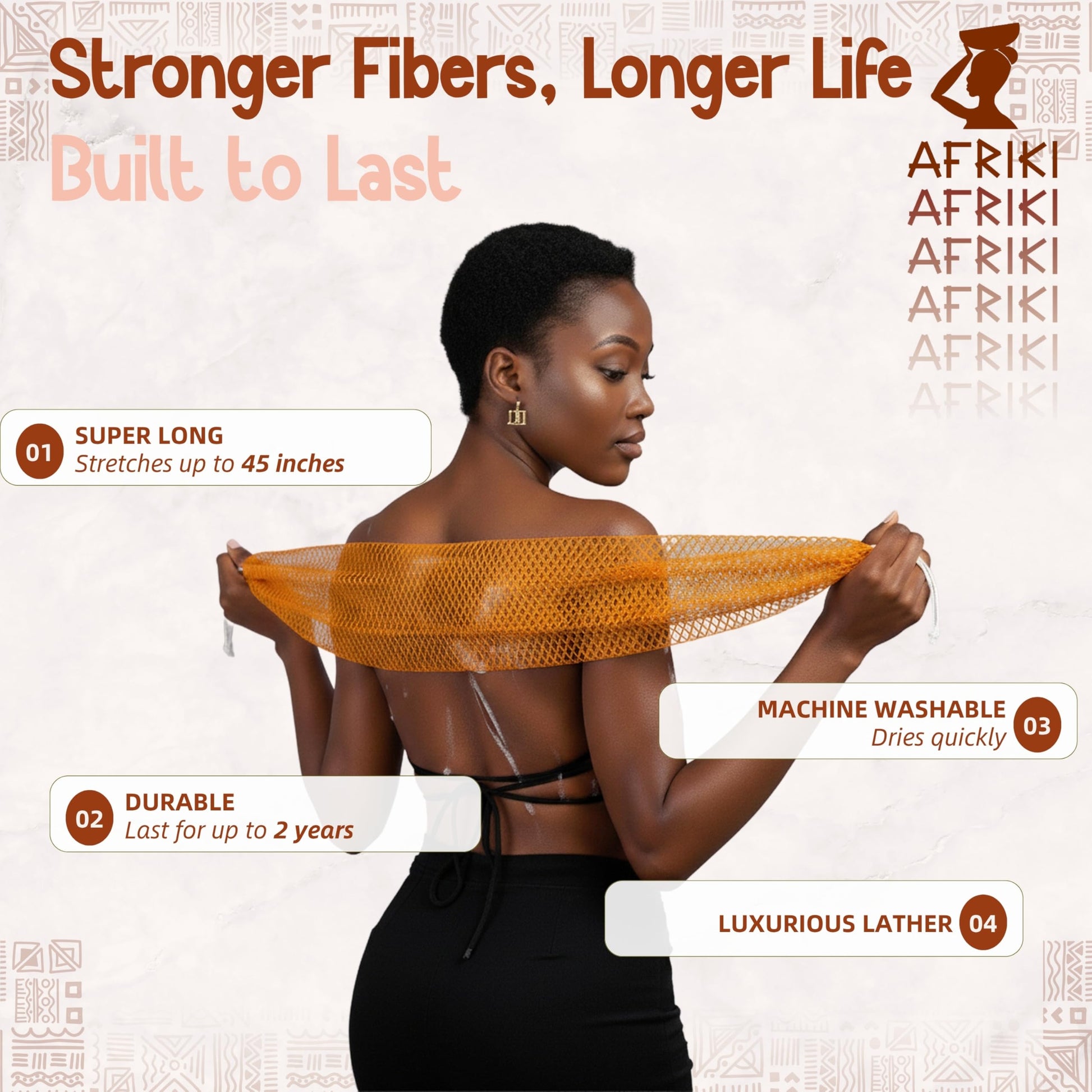 AFRIKI African Net Sponge – Exfoliating Body Scrubber, Black Owned & Rooted in Africa, All Skin Types | 45 in Long