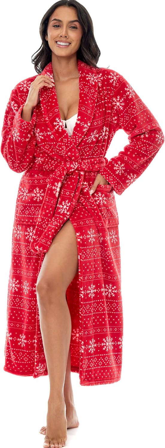Alexander Del Rossa Plush Striped Robe for Women, Long Fleece Plaid Winter Bath Robe, Plus Size