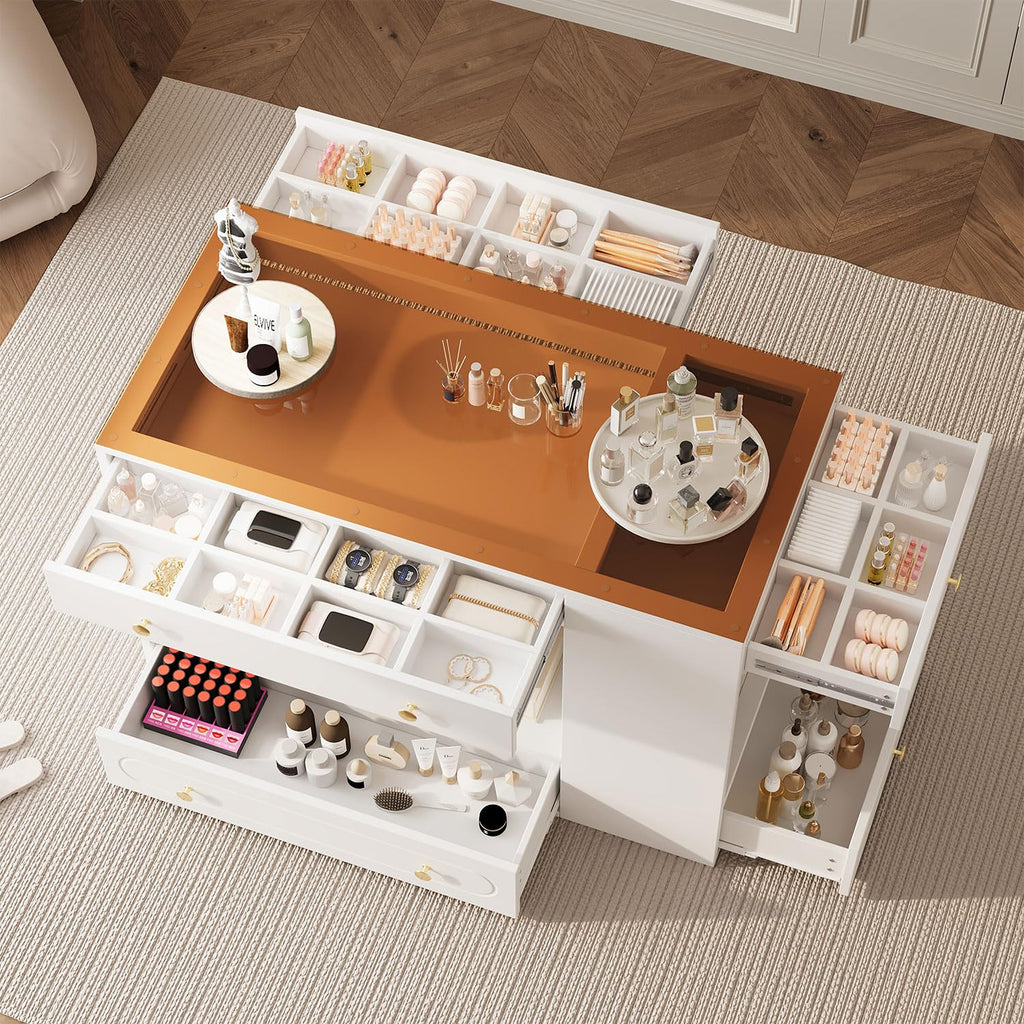 Closet Island with Glass Top and 6 Drawers, Walnut & White Bedroom Storage Island with Open Shelves, Walk-in Wardrobe Dresser Cabinet for Closet, Fitting Room, or Retail Display,White