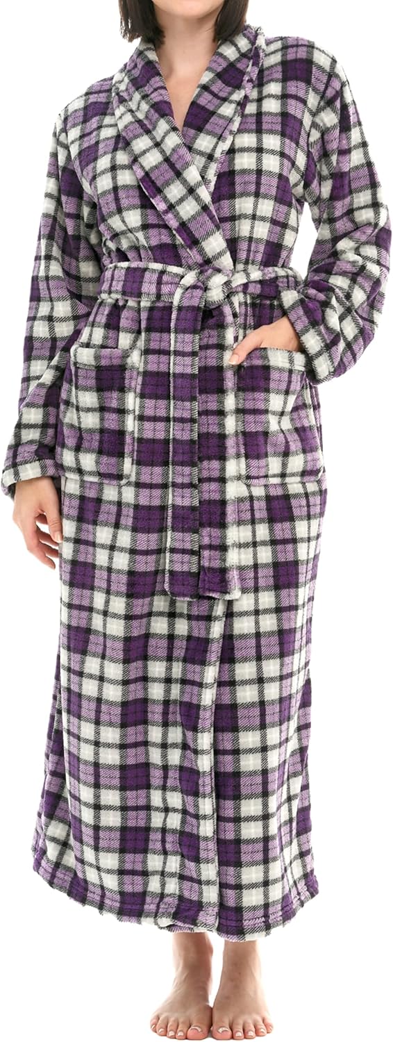 Alexander Del Rossa Plush Striped Robe for Women, Long Fleece Plaid Winter Bath Robe, Plus Size