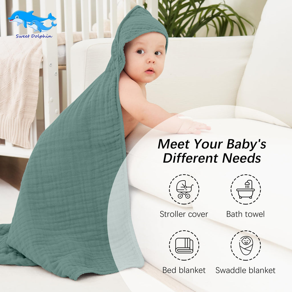 SWEET DOLPHIN Muslin Hooded Baby Bath Towels - 2 Pack 100% Cotton Towel for Babies, Infants, Toddlers - 32x32Inch - Highly Absorbent and Newborn Essential, Light Bean Paste