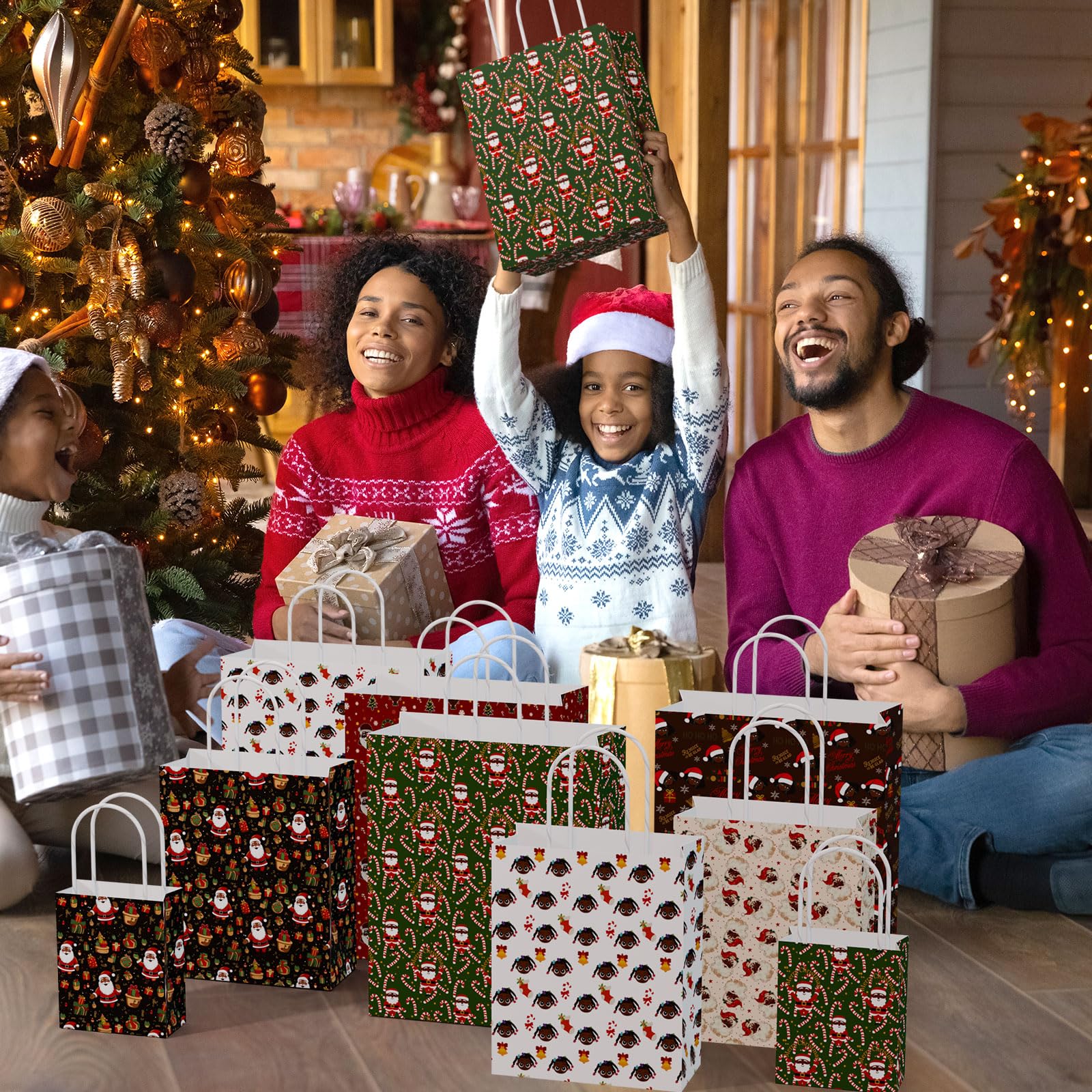 Trandraft 18 Pcs African American Christmas Kraft Gift Bags with Handles Assorted Sizes Black Santa Christmas Gift Paper Bags 6 Styles 3 Sizes Xmas for Favors Wrapping