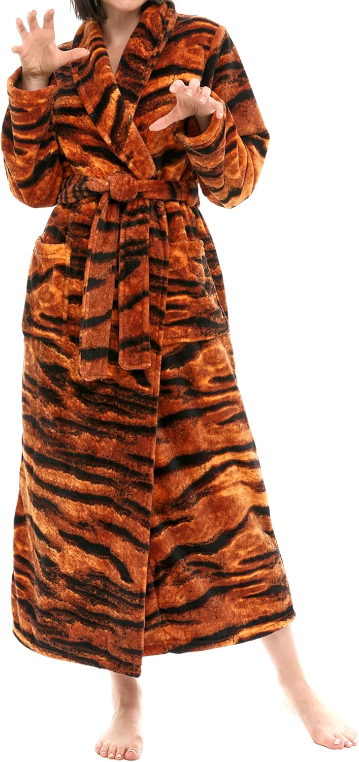 Alexander Del Rossa Plush Striped Robe for Women, Long Fleece Plaid Winter Bath Robe, Plus Size