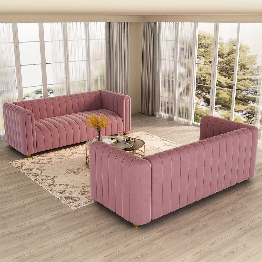 81" W Tufted Velvet Couch,Modern Velvet Sofa with Round Handrails and Metal Legs for Living Room,Office,Apartment (1, Pink)