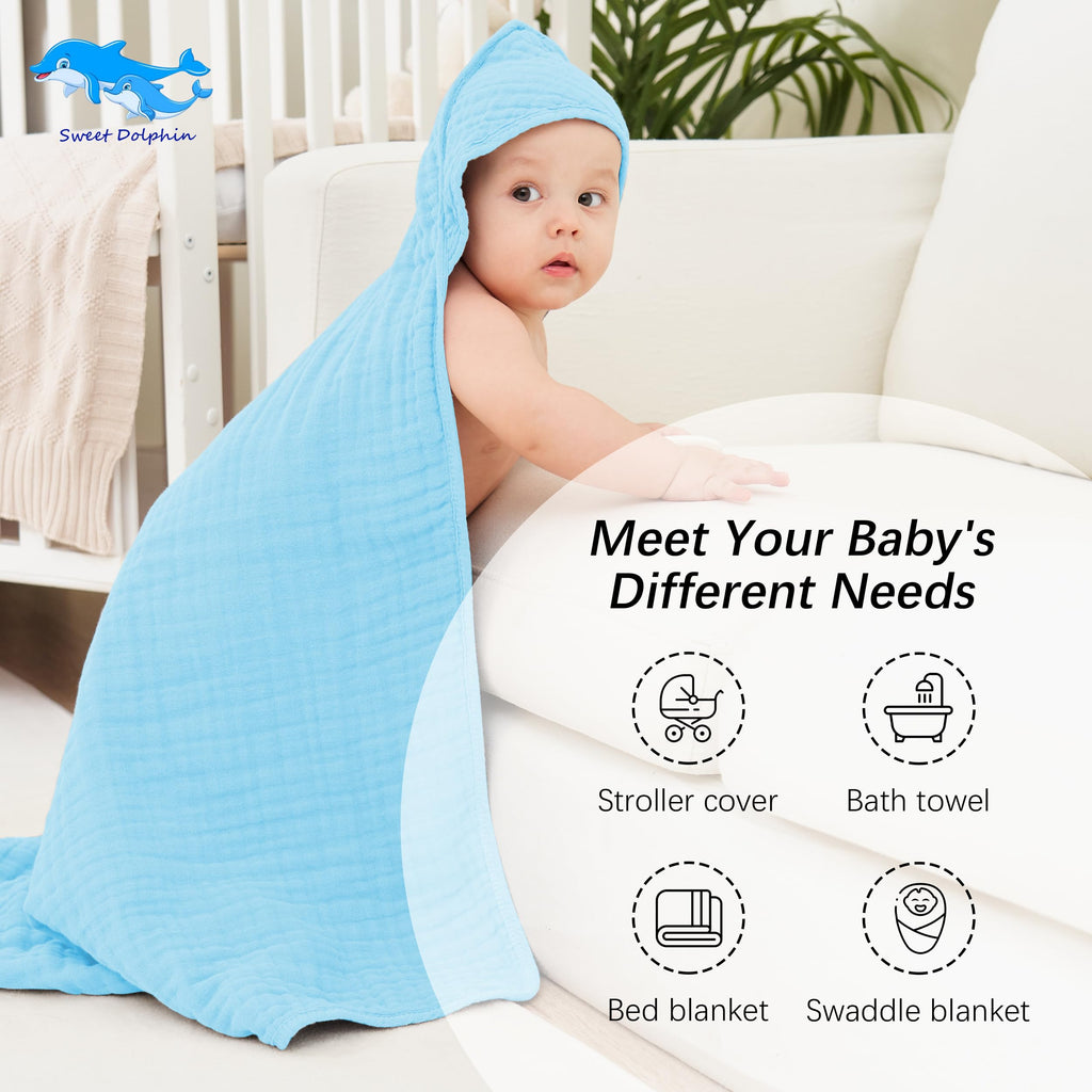 SWEET DOLPHIN Muslin Hooded Baby Bath Towels - 2 Pack 100% Cotton Towel for Babies, Infants, Toddlers - 32x32Inch - Highly Absorbent and Newborn Essential, Light Bean Paste