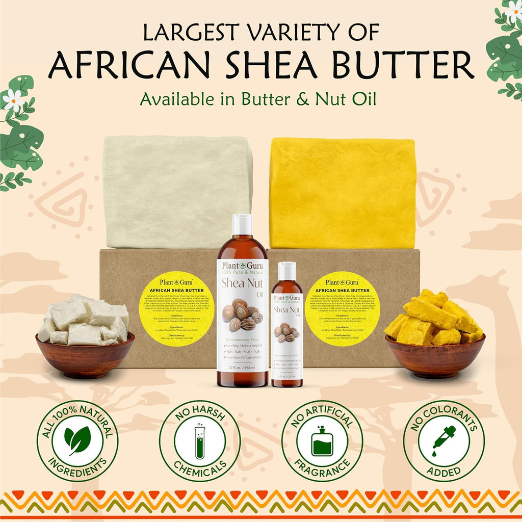 Plant Guru Raw African Shea Butter 8 oz. 100% Pure Natural Unrefined YELLOW - Ideal Moisturizer For Dry Skin, Body, Face And Hair Growth. Great For DIY Soap and Lip Balm Making.