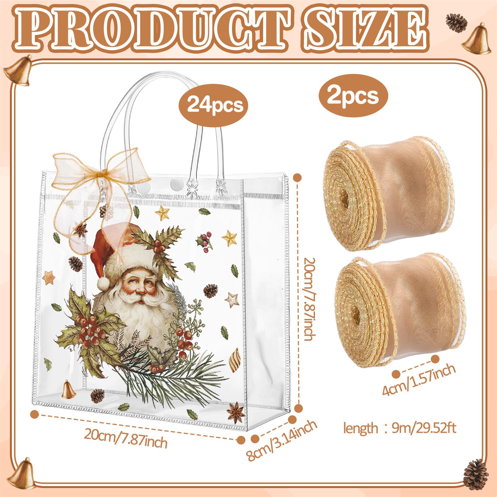 Motipuns 24 Pcs Christmas Clear PVC Gift Bags with Handles and Ribbon African American Black Santa Claus Party Favor Reusable Plastic Candy Treat Tote Bags for Merry New year Xmas Birthday Supplies