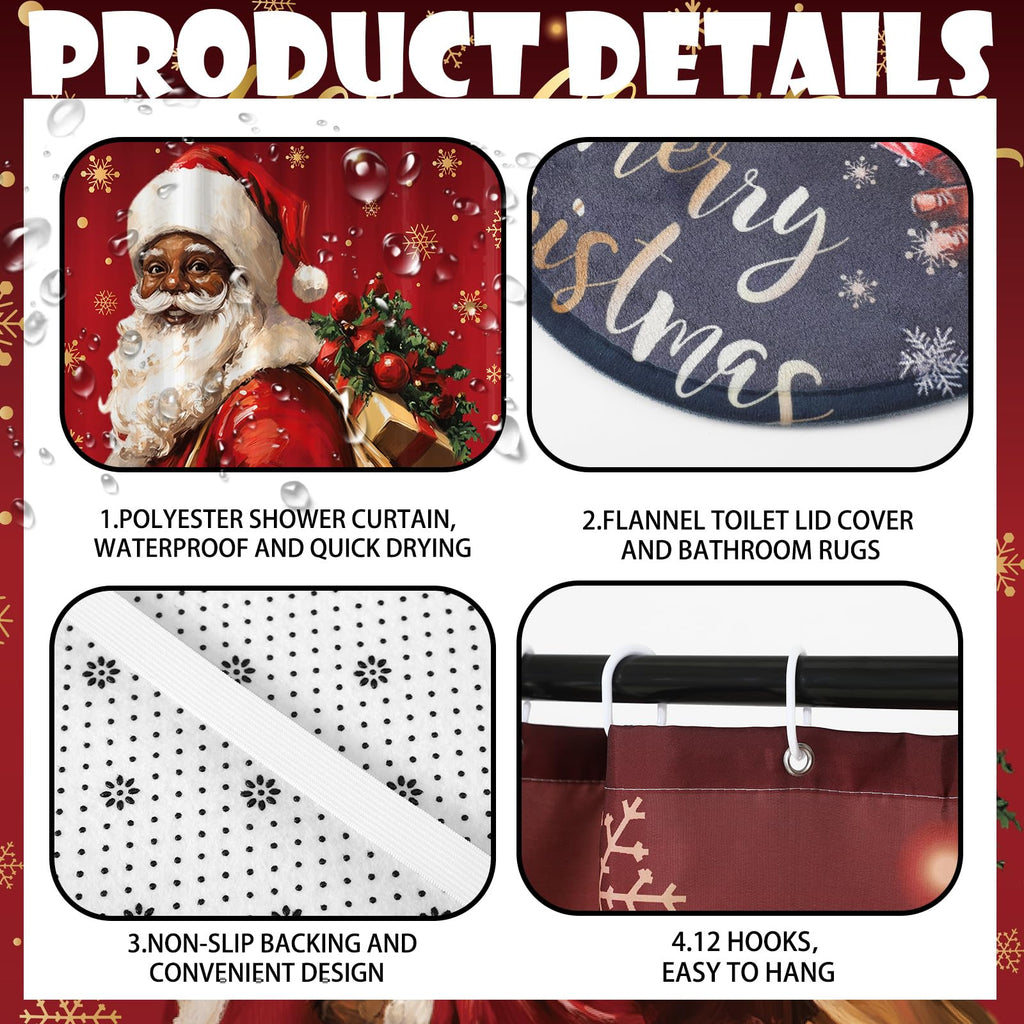 Honoson 8 Pcs Christmas Black Santa Claus Shower Curtain Set with Rugs and Kitchen Towels African American Retro Christmas Bathroom Decor Black Santa Curtain Decorations Xmas Farmhouse Gifts