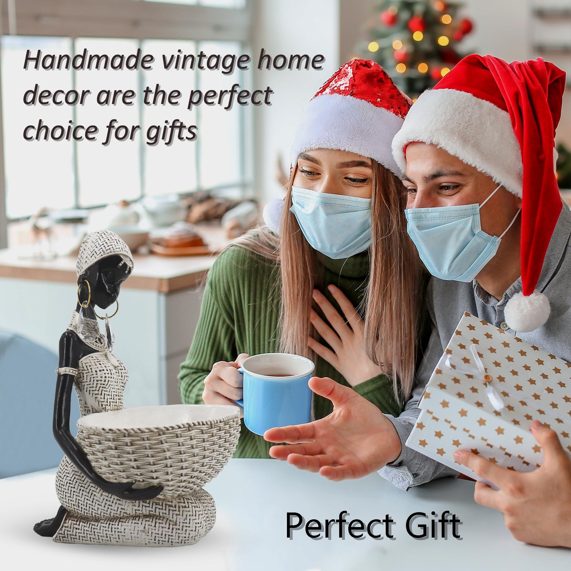 Handmade African Tribal Woman Sculpture - Gold Adorned Seated Figure with Basket, Vintage Resin Statue for Home Decor, Unique Housewarming Gift for Shelf/Table (9.65" H)