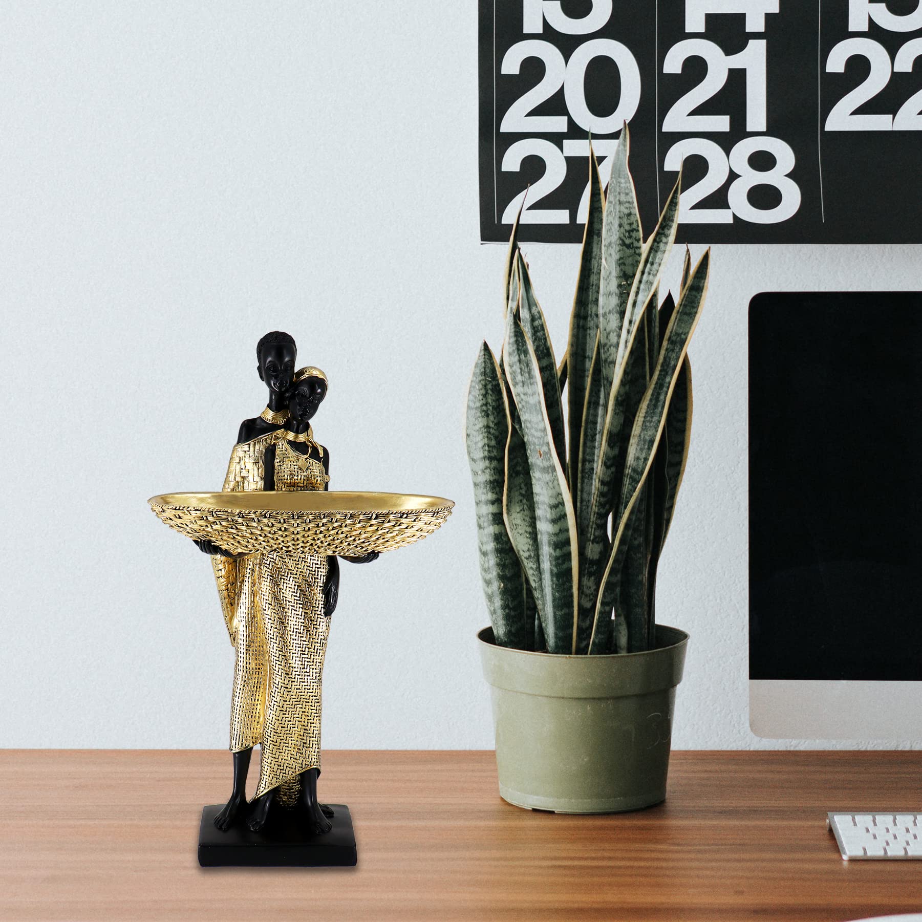 Handmade African Tribal Woman Sculpture - Gold Adorned Seated Figure with Basket, Vintage Resin Statue for Home Decor, Unique Housewarming Gift for Shelf/Table (9.65" H)