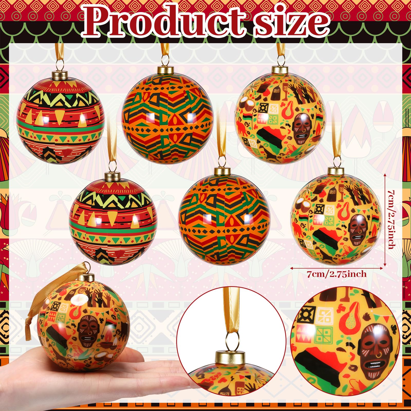 18 Pack Kente African Black Christmas Tree Balls Ornaments 2.76in Hanging Kwanzaa Ball Decorations Set Traditional African Print for Christmas Tree Kwanzaa Decor
