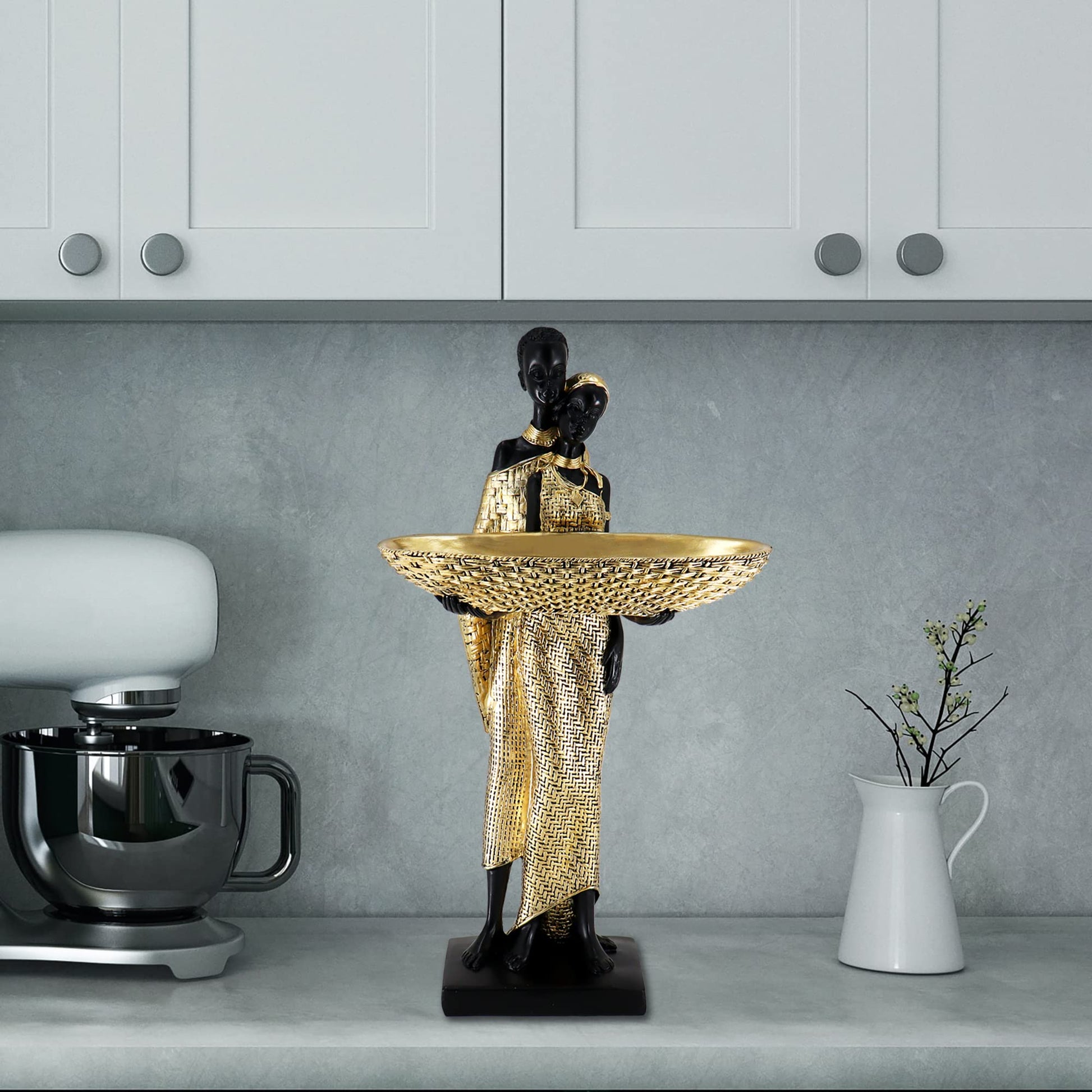 Handmade African Tribal Woman Sculpture - Gold Adorned Seated Figure with Basket, Vintage Resin Statue for Home Decor, Unique Housewarming Gift for Shelf/Table (9.65" H)