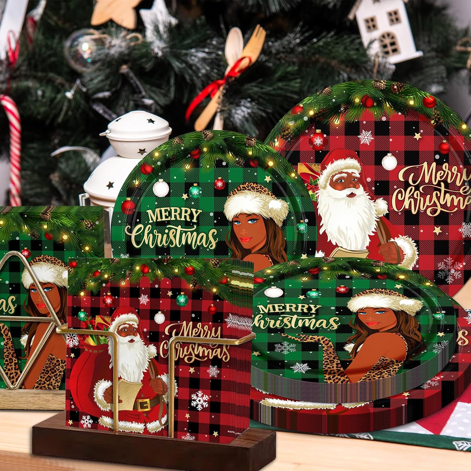 GREHUMOR African American Christmas Decorations 60Pcs Black Santa Claus Plates and Napkins Black Santa Party Tableware Set Santa Disposable Plates Merry Christmas Party Supplies Serves 20