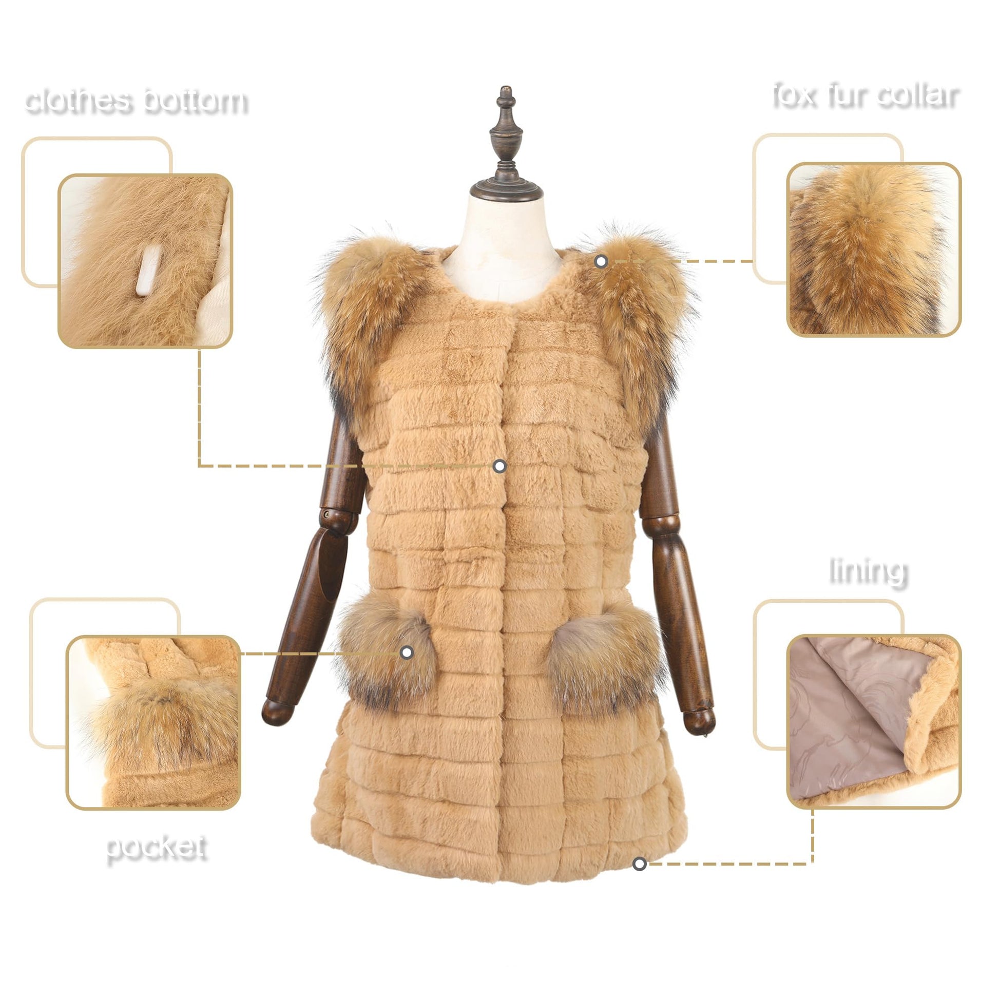 Fur Story Women's Genuine Rabbit Fur Coat With Fox Fur Cuffs Warm Winter Coat Black Long Jacket