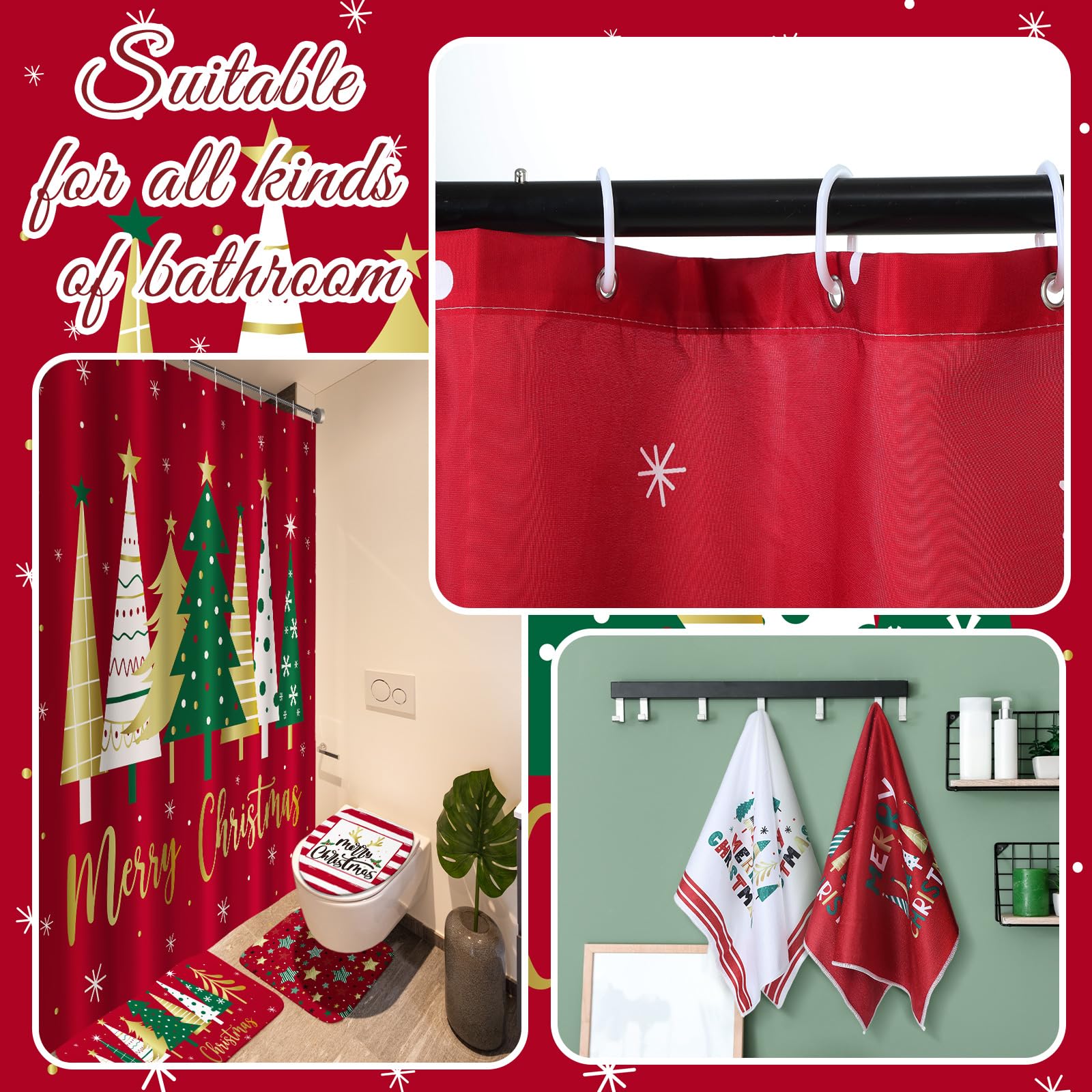 Honoson 8 Pcs Christmas Black Santa Claus Shower Curtain Set with Rugs and Kitchen Towels African American Retro Christmas Bathroom Decor Black Santa Curtain Decorations Xmas Farmhouse Gifts