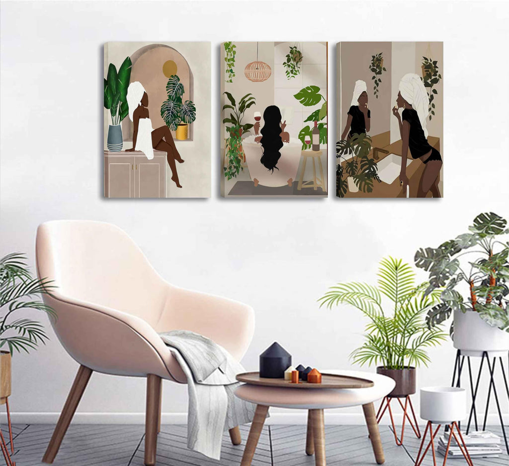 WSTUKVV 3Pcs Black Girl Bathroom Wall Art Boho Black Woman Posters Pictures African American Canvas Prints Fashion Abstract Paintings For Bathroom Home Bedroom Living Room Wall Decor Frame