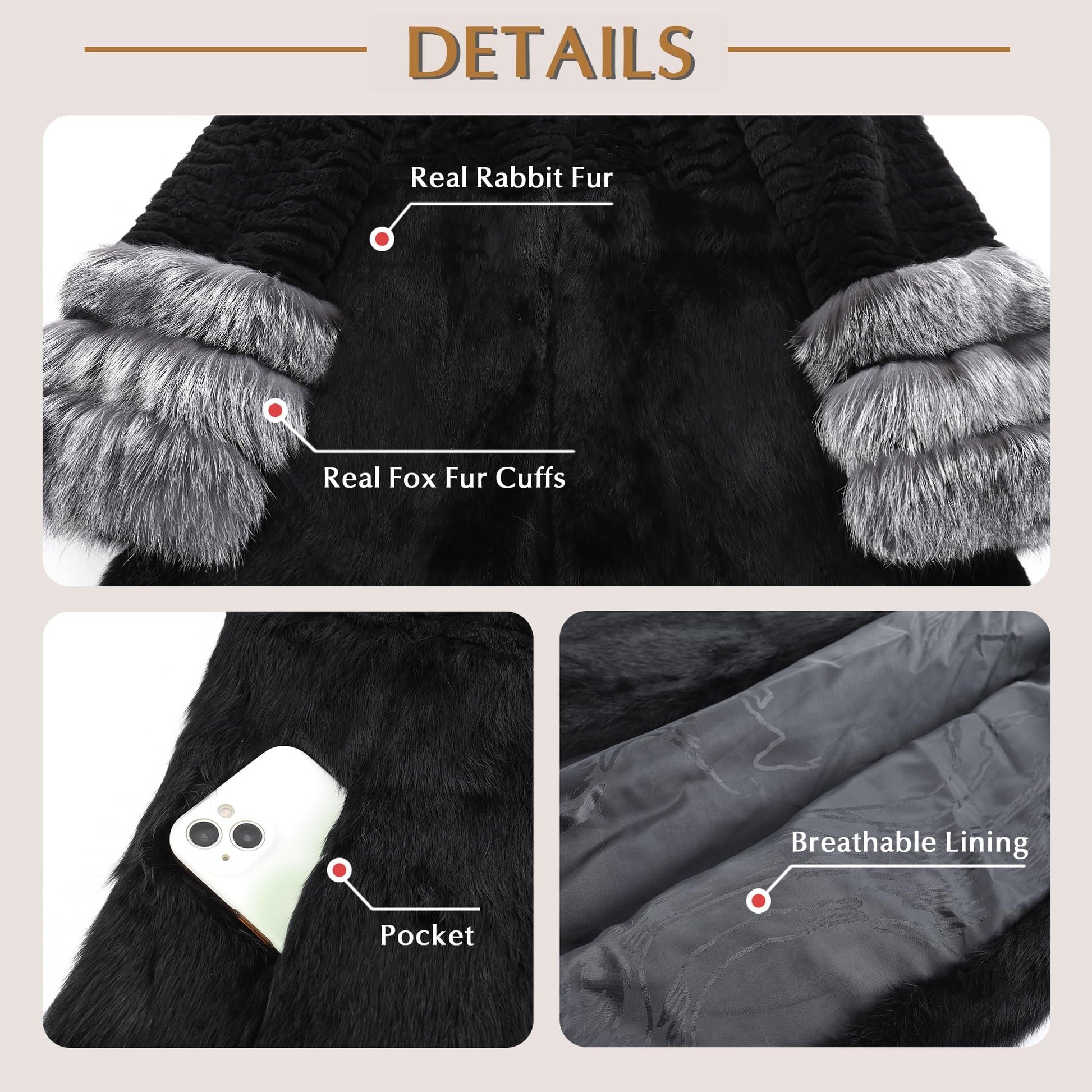 Fur Story Women's Genuine Rabbit Fur Coat With Fox Fur Cuffs Warm Winter Coat Black Long Jacket
