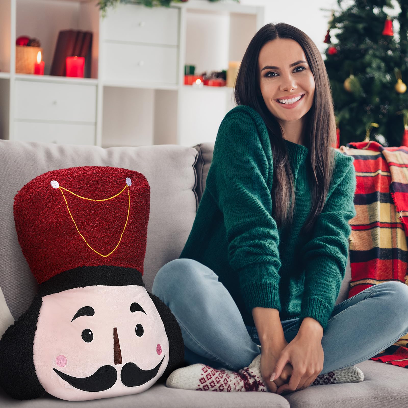 Nutcracker Christmas Throw Pillow Christmas Nutcracker Shaped Decoration Decorative Cushion 14.5‘' x 13‘' Faux Rabbit Fur Embroidered Pillow Xmas Gift for Home Sofa Chair Bed(African American)