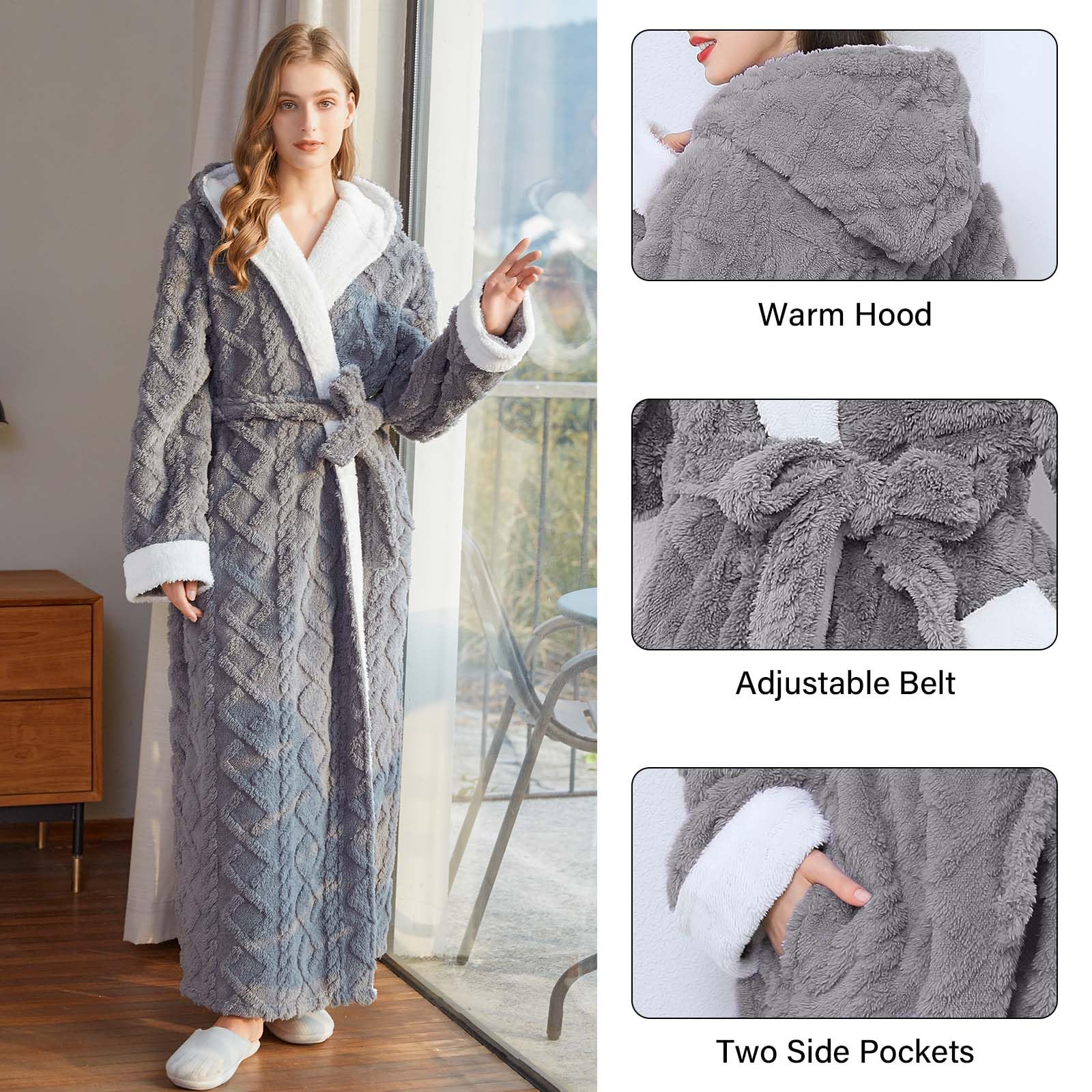 Hellomamma Long Hooded Robe for Women Luxurious Flannel Fleece Full Length Bathrobe Winter Warm Pajamas Shower Nightgown