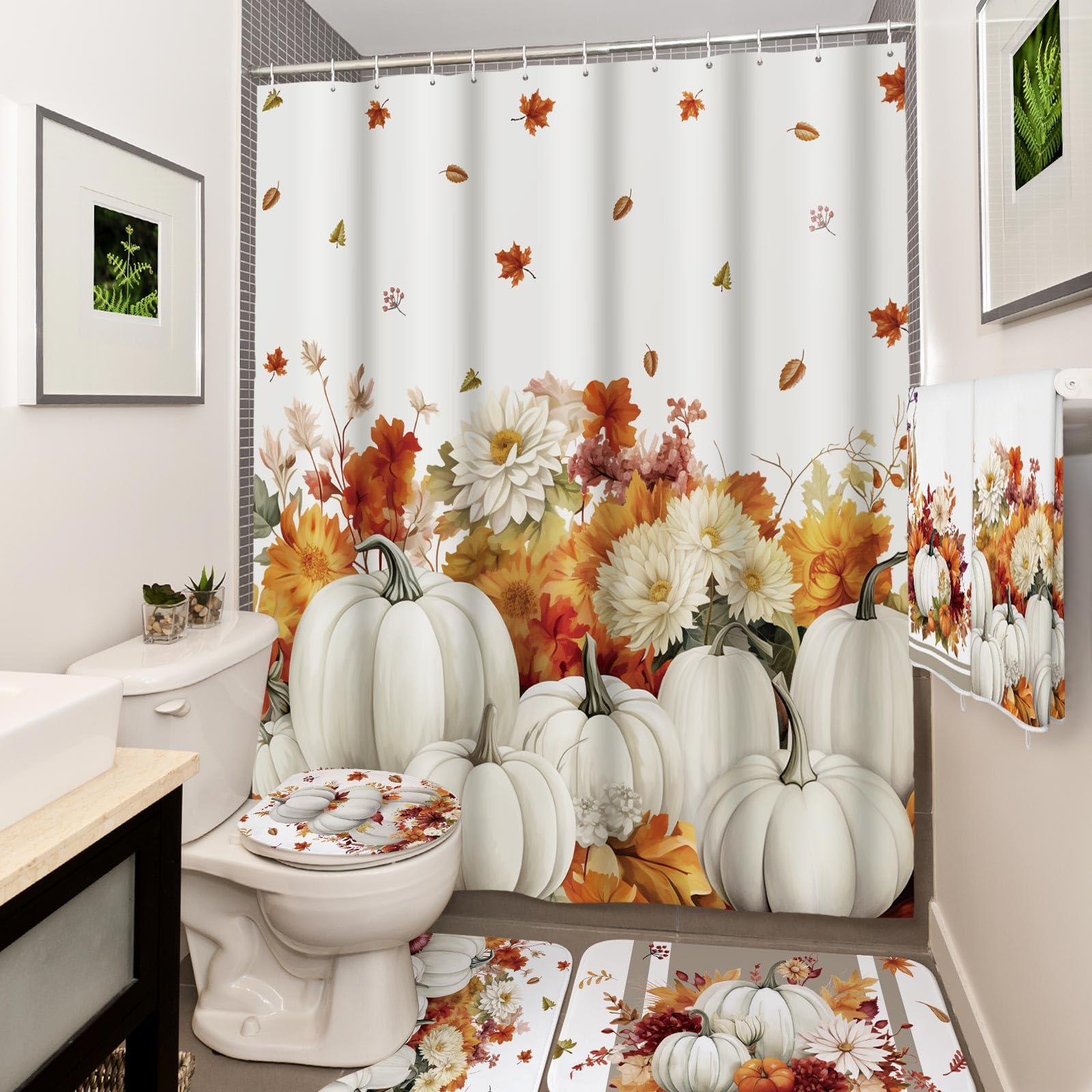 Honoson 8 Pcs Christmas Black Santa Claus Shower Curtain Set with Rugs and Kitchen Towels African American Retro Christmas Bathroom Decor Black Santa Curtain Decorations Xmas Farmhouse Gifts