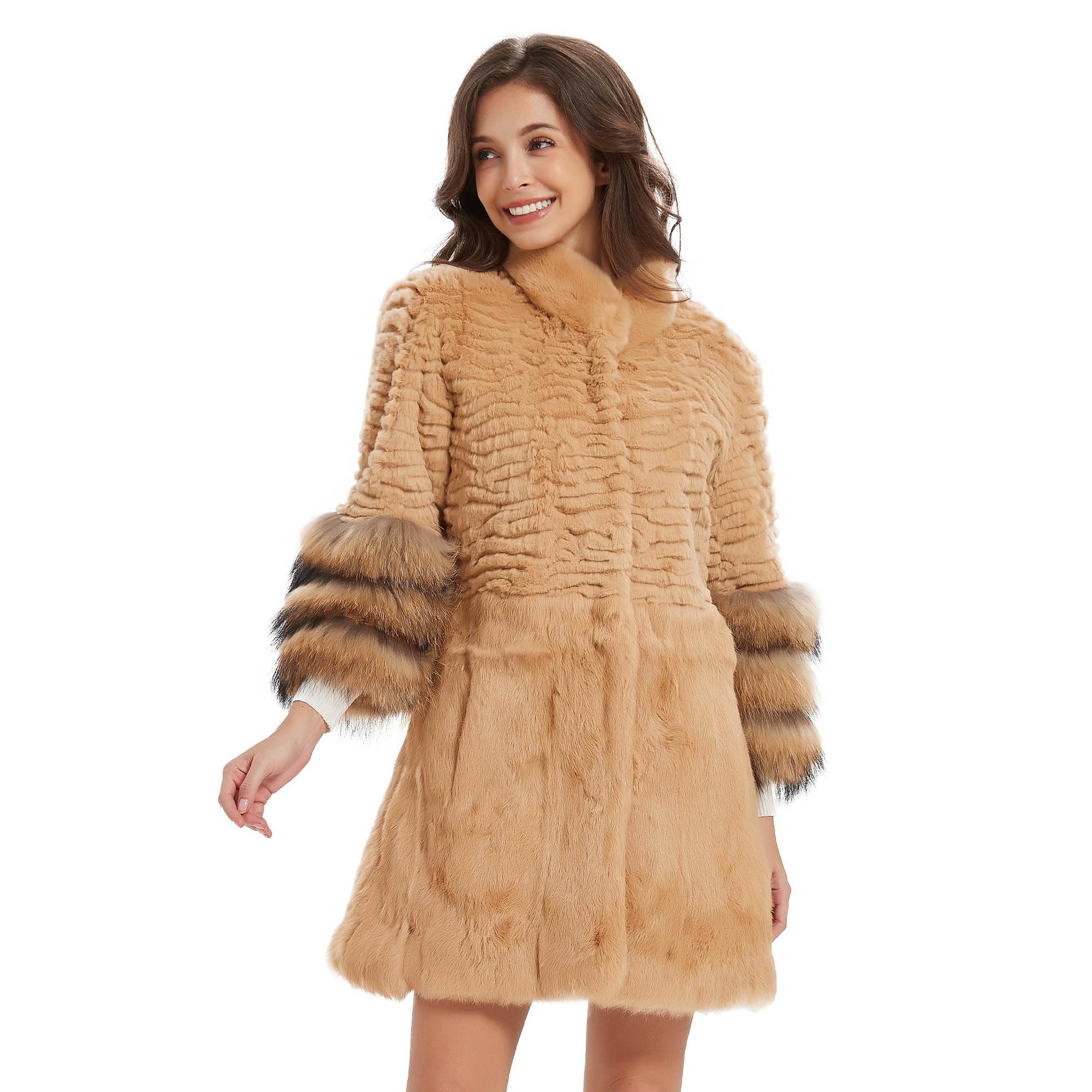 Fur Story Women's Genuine Rabbit Fur Coat With Fox Fur Cuffs Warm Winter Coat Black Long Jacket