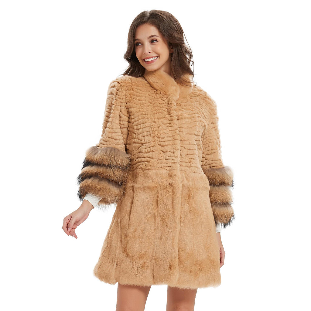 Fur Story Women's Genuine Rabbit Fur Coat With Fox Fur Cuffs Warm Winter Coat Black Long Jacket