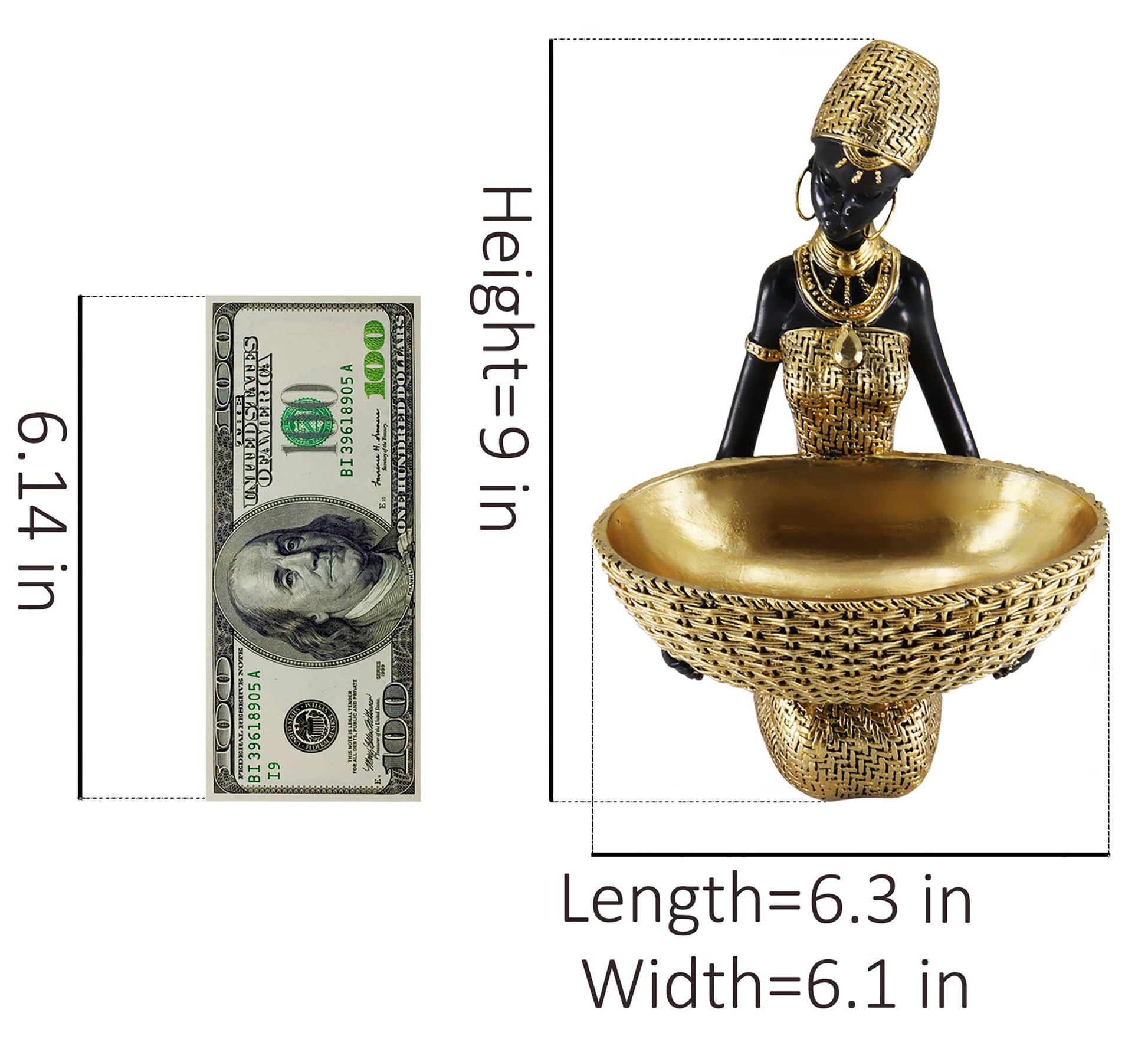 Handmade African Tribal Woman Sculpture - Gold Adorned Seated Figure with Basket, Vintage Resin Statue for Home Decor, Unique Housewarming Gift for Shelf/Table (9.65" H)