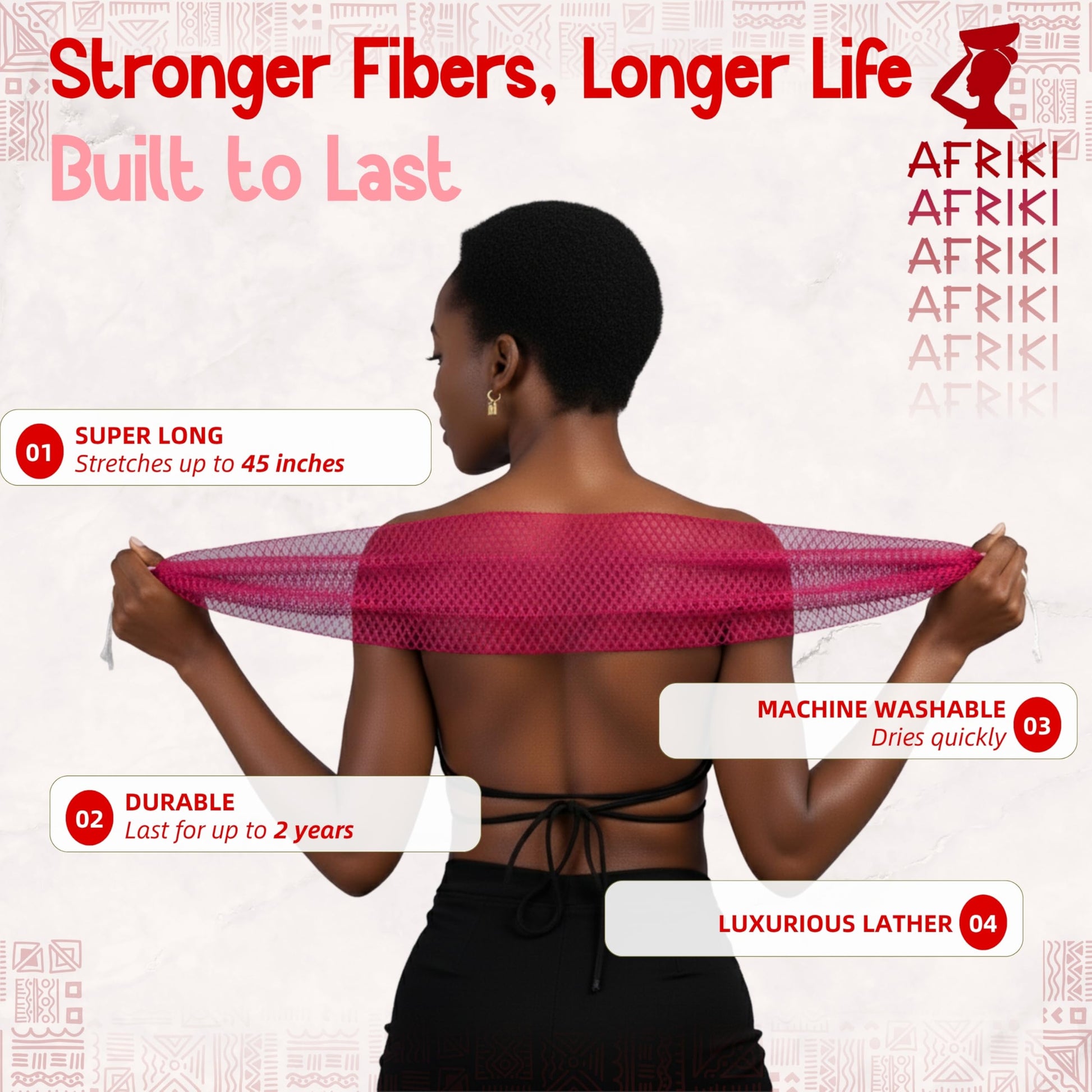 AFRIKI African Net Sponge – Exfoliating Body Scrubber, Black Owned & Rooted in Africa, All Skin Types | 45 in Long