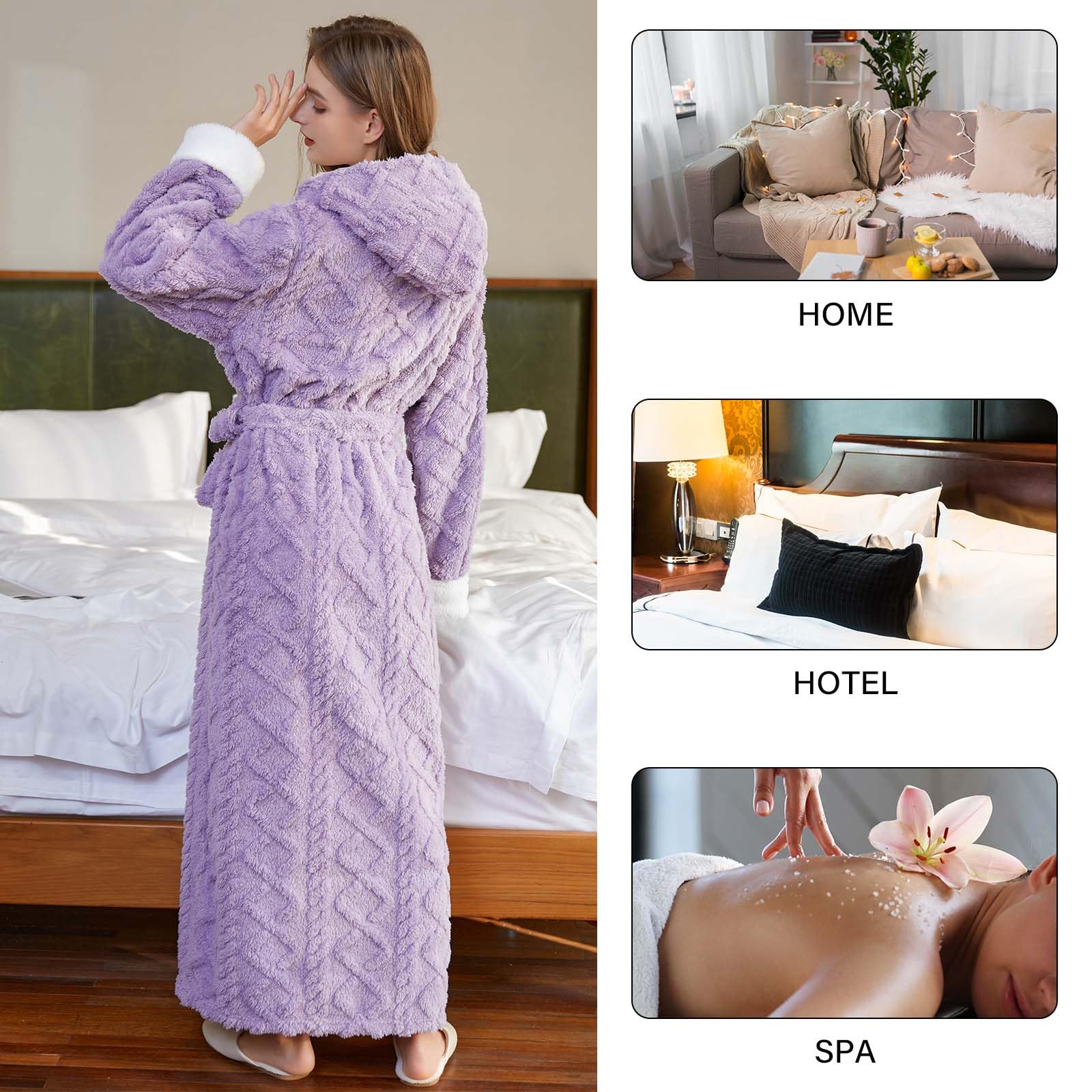 Hellomamma Long Hooded Robe for Women Luxurious Flannel Fleece Full Length Bathrobe Winter Warm Pajamas Shower Nightgown