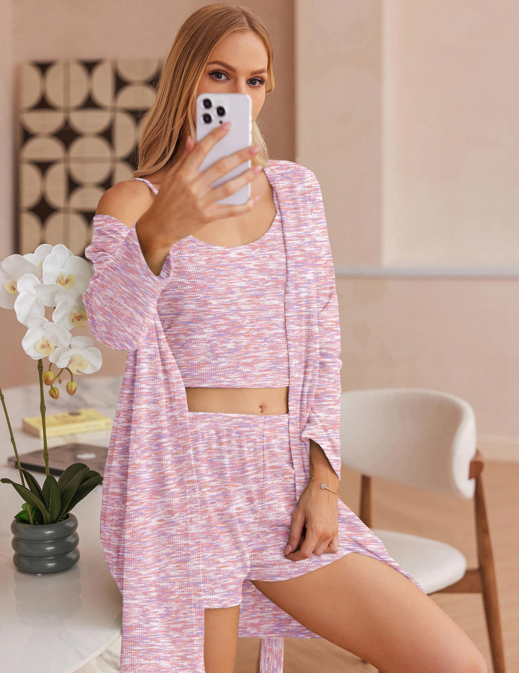 Ekouaer Womens 3 Piece Waffle Knit Lounge Set Soft Pajama Sets Tank Top and Shorts Cardigan with Pockets S-XXL