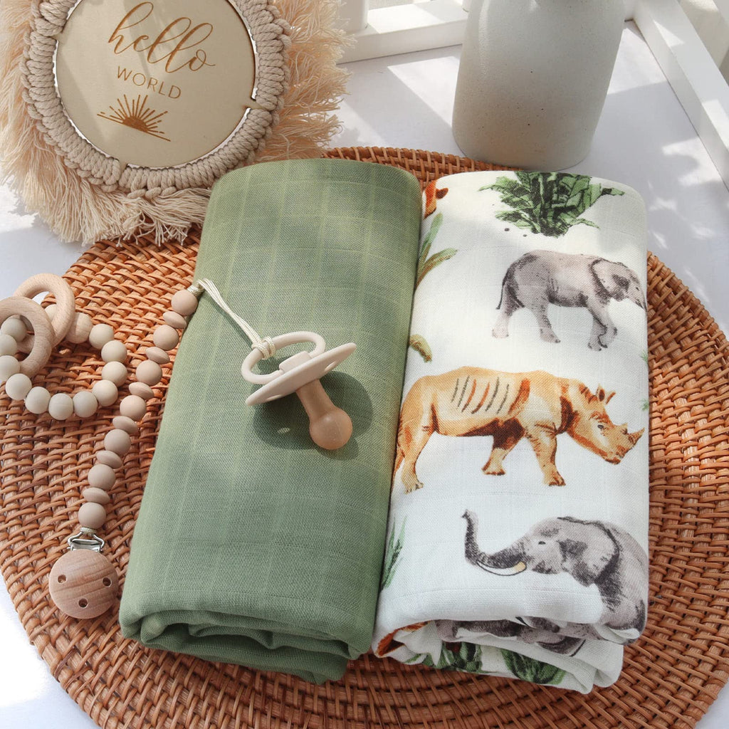 LifeTree Muslin Swaddle Blankets, Baby Swaddling Wrap Nursery Blanket Unisex, Soft 70% Viscose from Bamboo and 30% Cotton, Large 47 x 47 inches, Bear & Checkered Swaddle Blanket