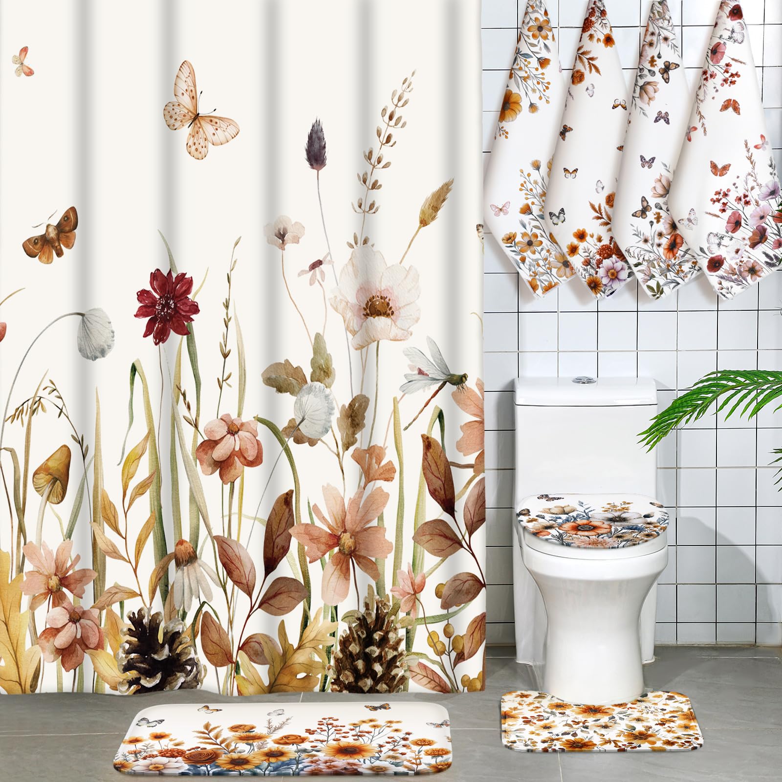 Honoson 8 Pcs Christmas Black Santa Claus Shower Curtain Set with Rugs and Kitchen Towels African American Retro Christmas Bathroom Decor Black Santa Curtain Decorations Xmas Farmhouse Gifts