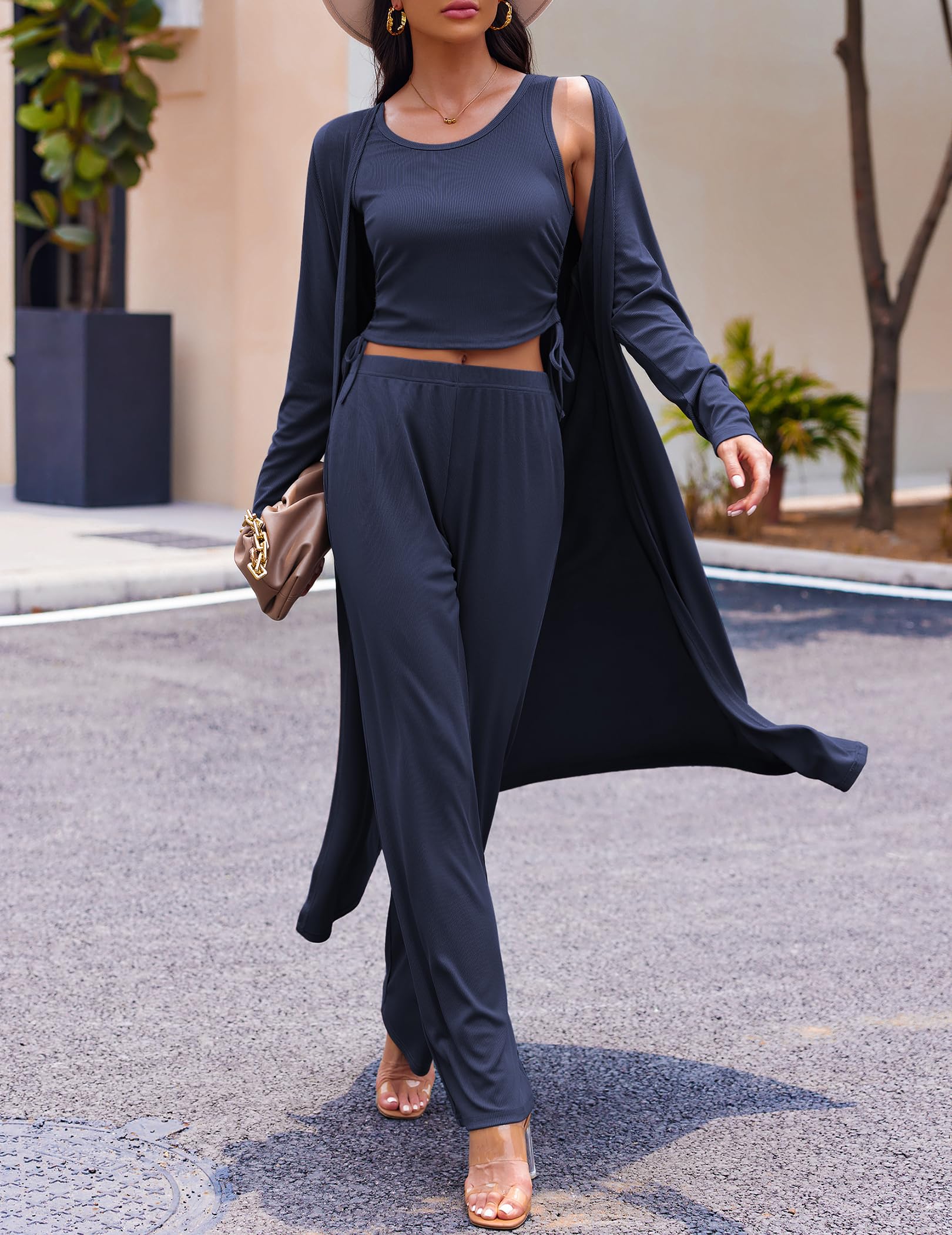 Ekouaer Women's 3 Piece Knit Lounge Set Pajama Long Sleeve Cardigan Sleeveless Top Pants Sweatsuit S-XXL