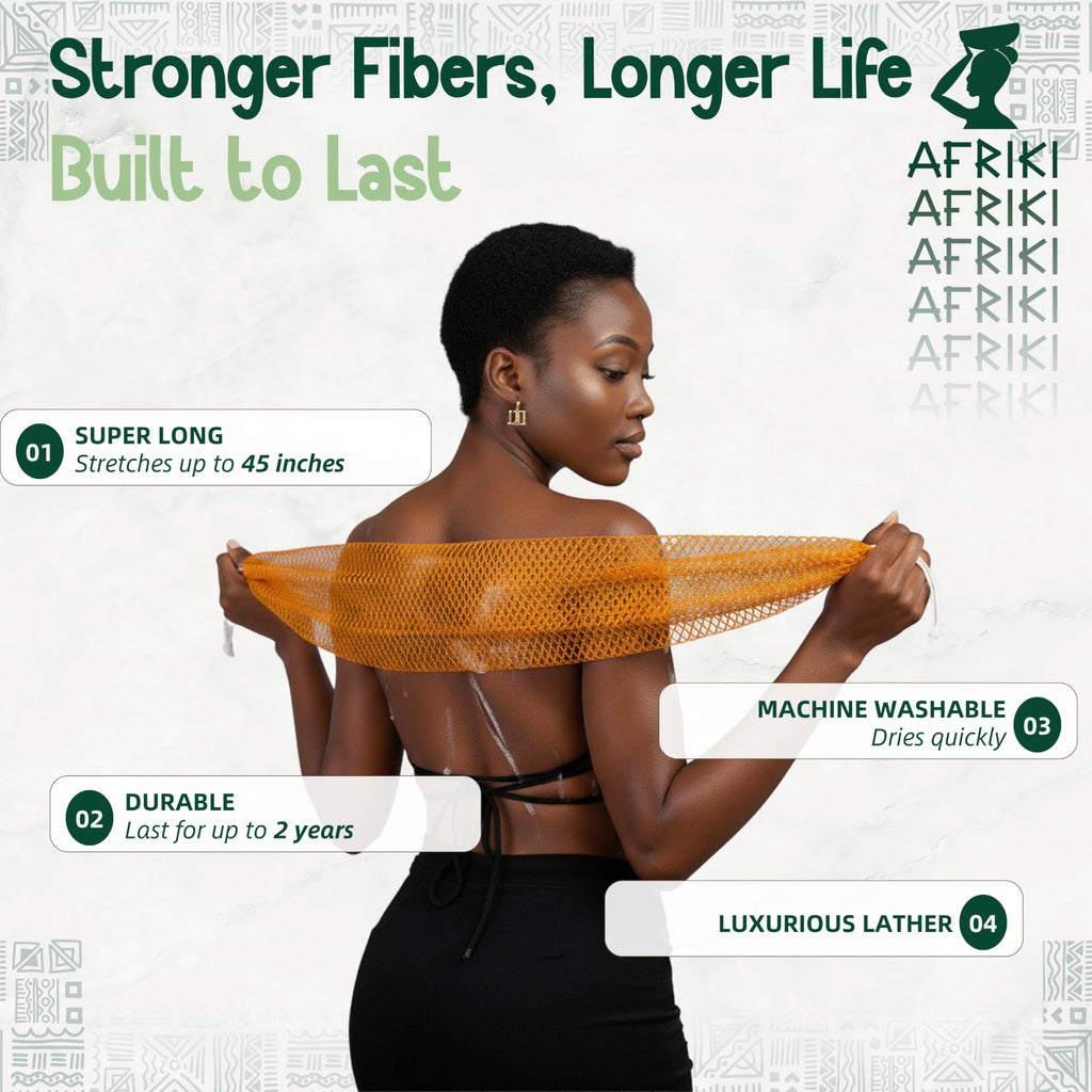 AFRIKI African Net Sponge – Exfoliating Body Scrubber, Black Owned & Rooted in Africa, All Skin Types | 45 in Long