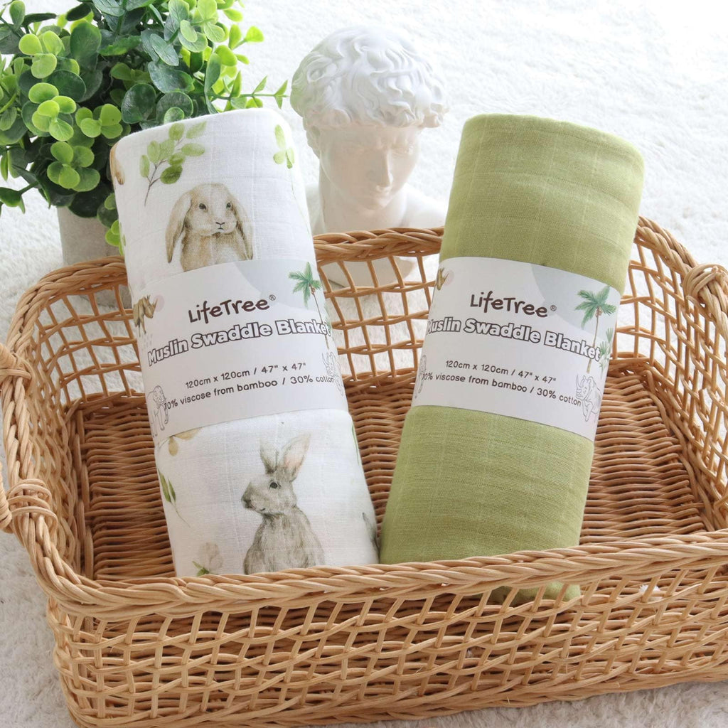 LifeTree Muslin Swaddle Blankets, Baby Swaddling Wrap Nursery Blanket Unisex, Soft 70% Viscose from Bamboo and 30% Cotton, Large 47 x 47 inches, Bear & Checkered Swaddle Blanket