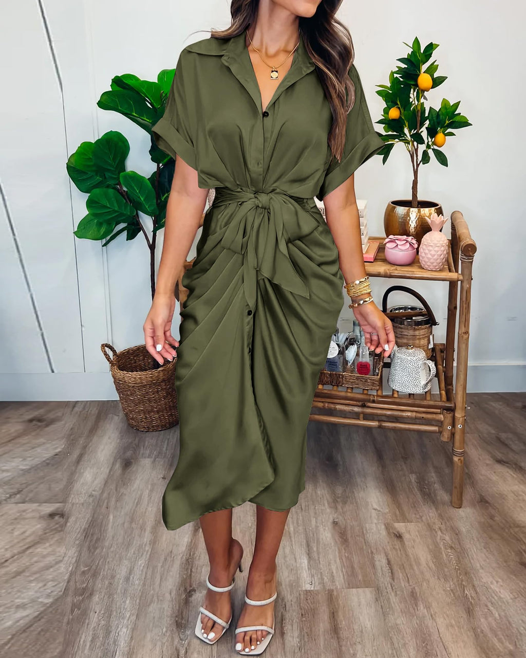 BTFBM Women Button Down Ruched Shirt Dresses Satin Short Sleeve Lapel V Neck Summer Maxi Dress 2025 Party Wedding Guest